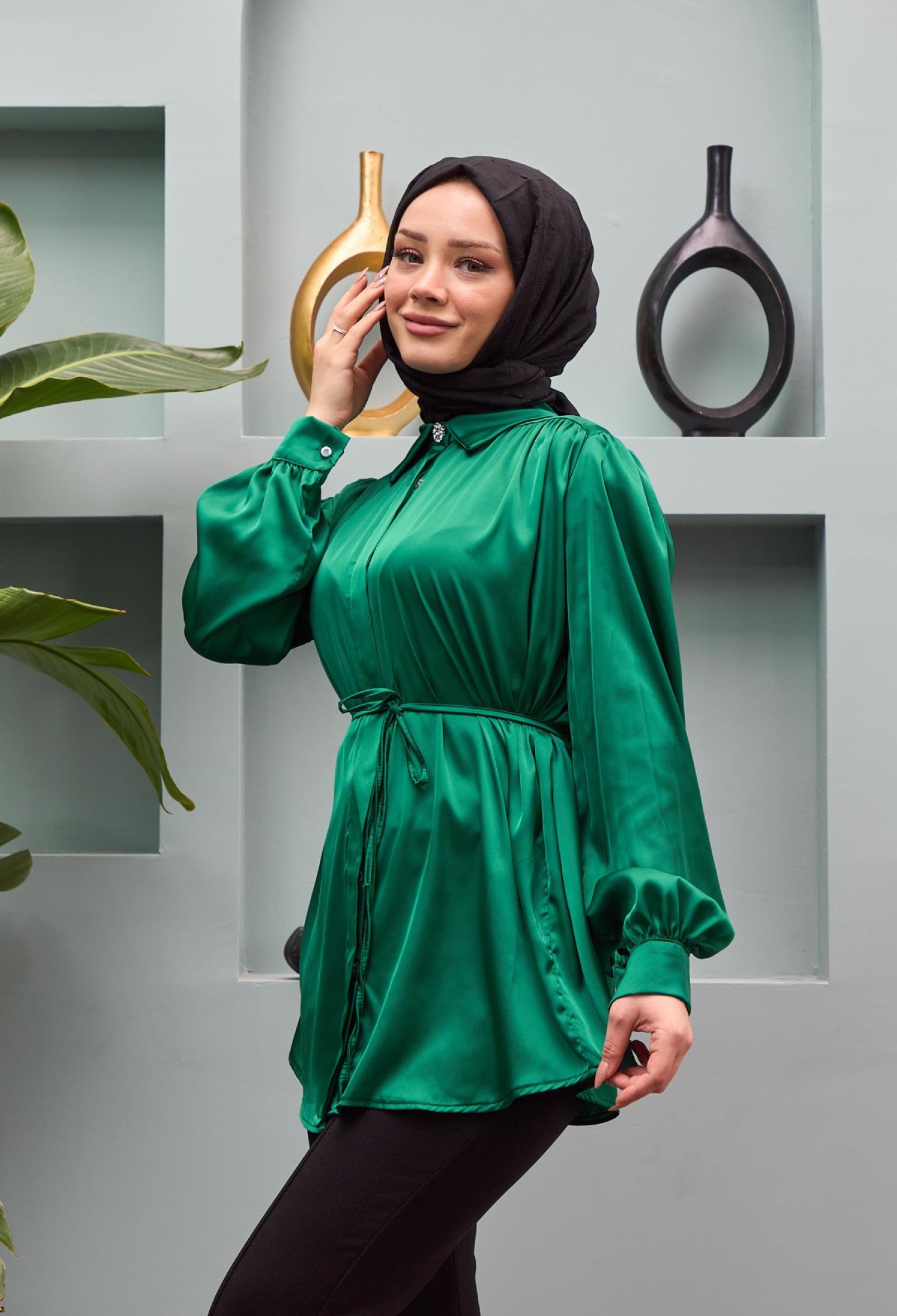 Belted Satin Shirt -Green - Brand: Hulya Keser - Women & Kids, Baby Clothes Wholesale - TheBS Women