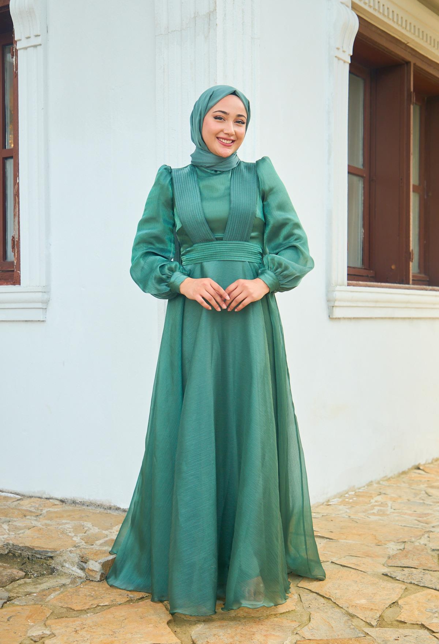 Shoulder To Waist Belted Evening Dress -Green - Brand: Hulya Keser - Women & Kids, Baby Clothes Wholesale - TheBS Women