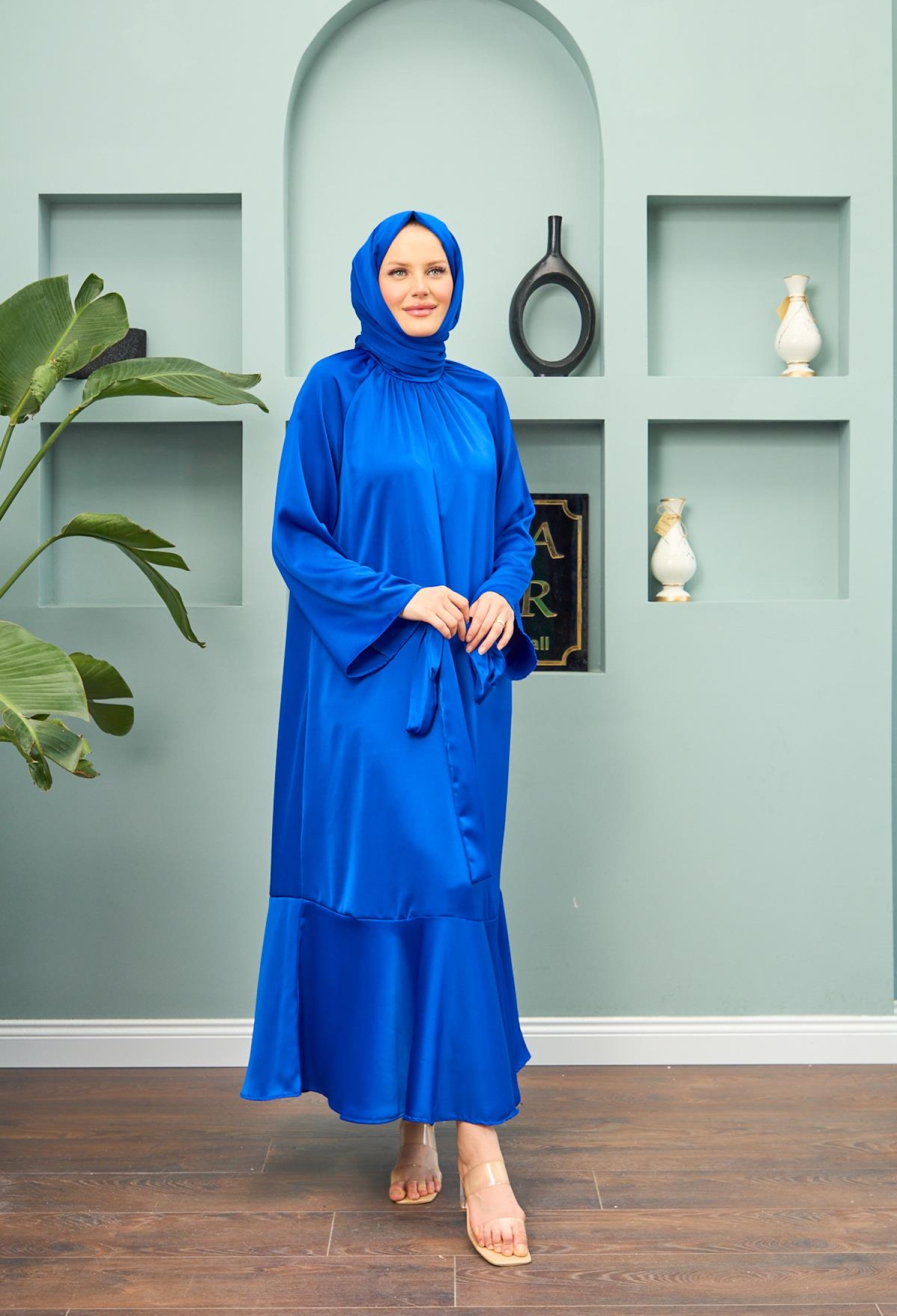 Satin Evening Dress With Tie Waist - Saks Blue - Brand: Hulya Keser - Women & Kids, Baby Clothes Wholesale - TheBS Women