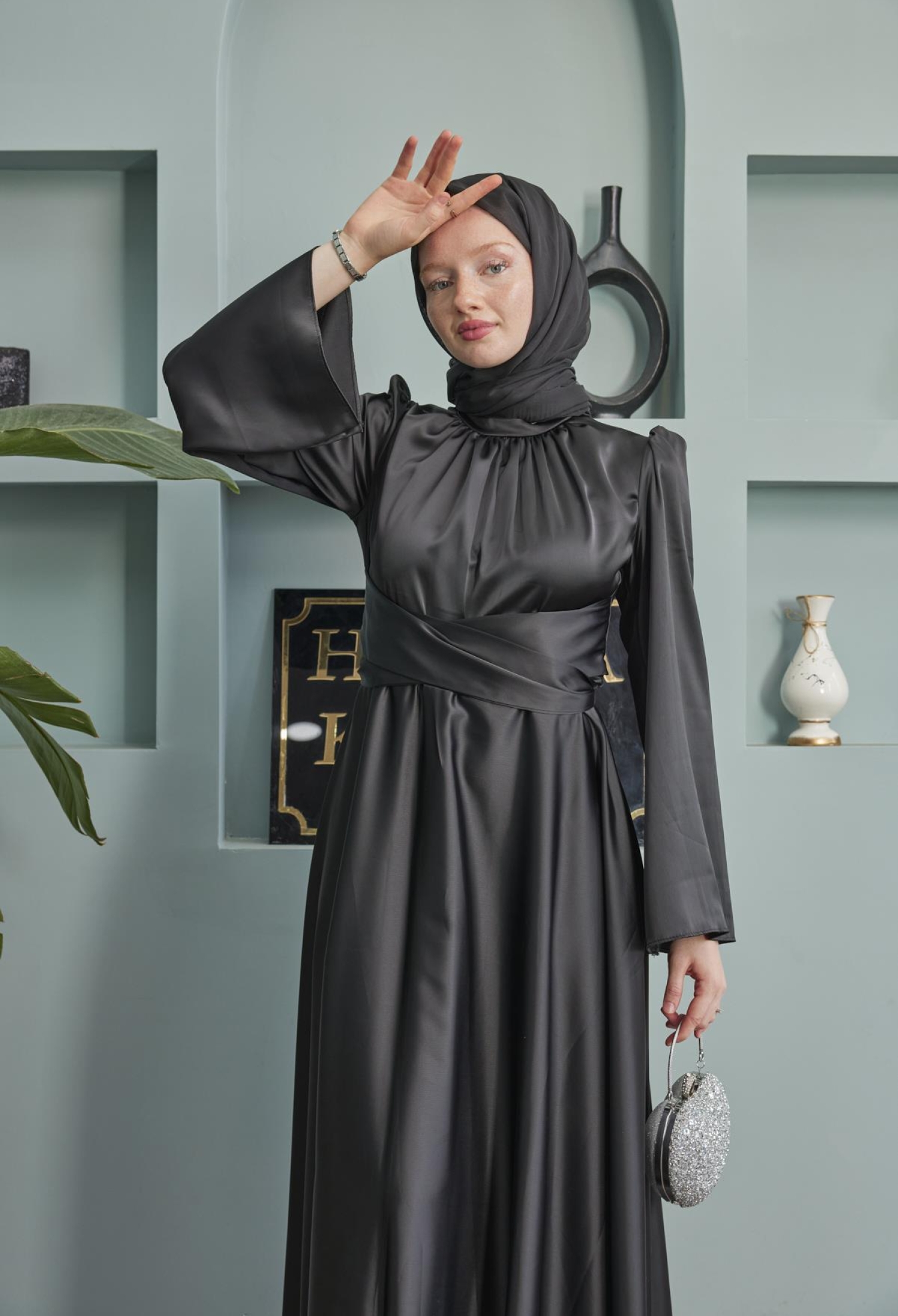 Satin Evening Dress With Sash Detail - Brand: Hulya Keser - Women & Kids, Baby Clothes Wholesale - TheBS Women