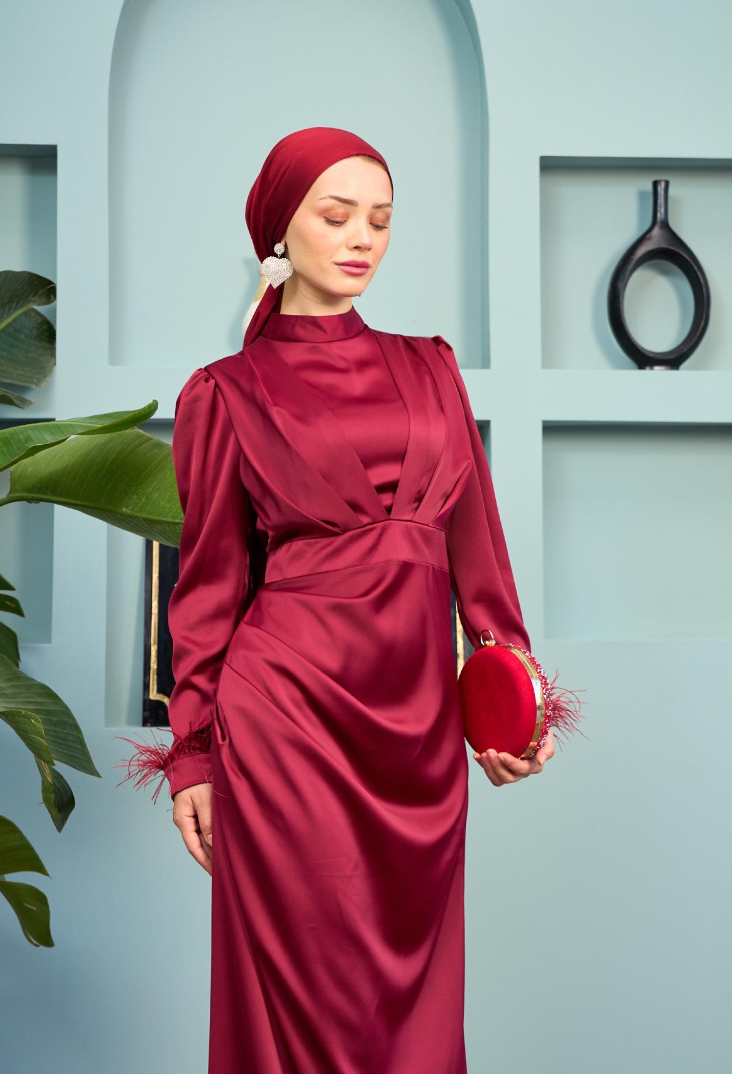Kobe Satin Evening Dress With Feather Detail - Burgundy - Brand: Hulya Keser - Women & Kids, Baby Clothes Wholesale - TheBS Women