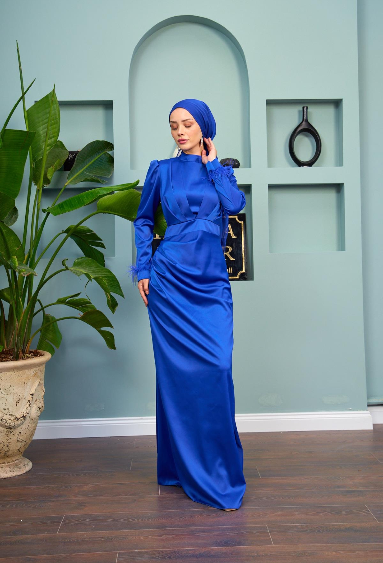 Kobe Satin Evening Dress With Feather Detail - Saxe - Brand: Hulya Keser - Women & Kids, Baby Clothes Wholesale - TheBS Women