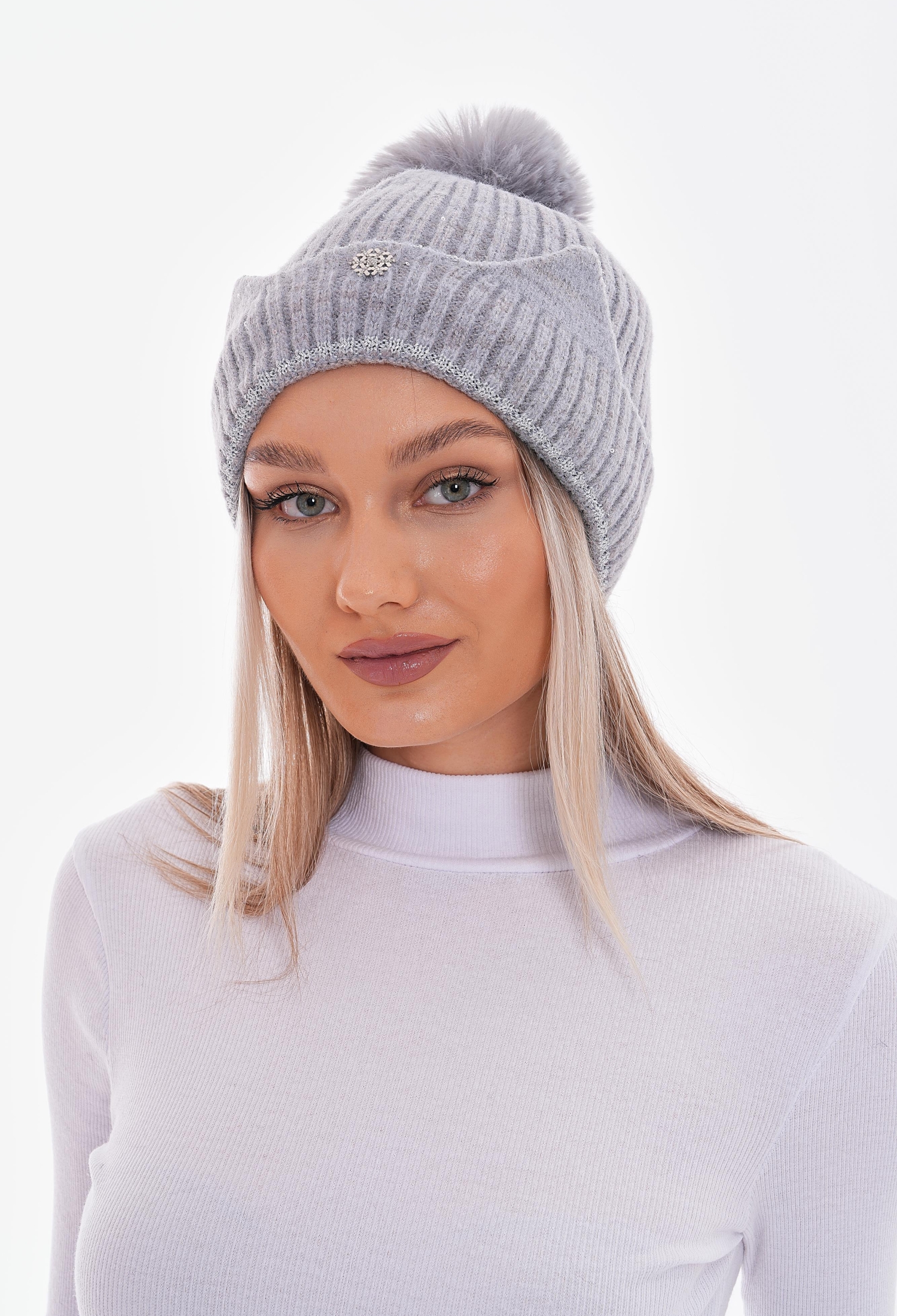 Polar Fleece InsideSnowflake Detailed Rabbit Pom Pom Beanie - Gray - Brand: Axesoire - Women & Kids, Baby Clothes Wholesale - TheBS Women