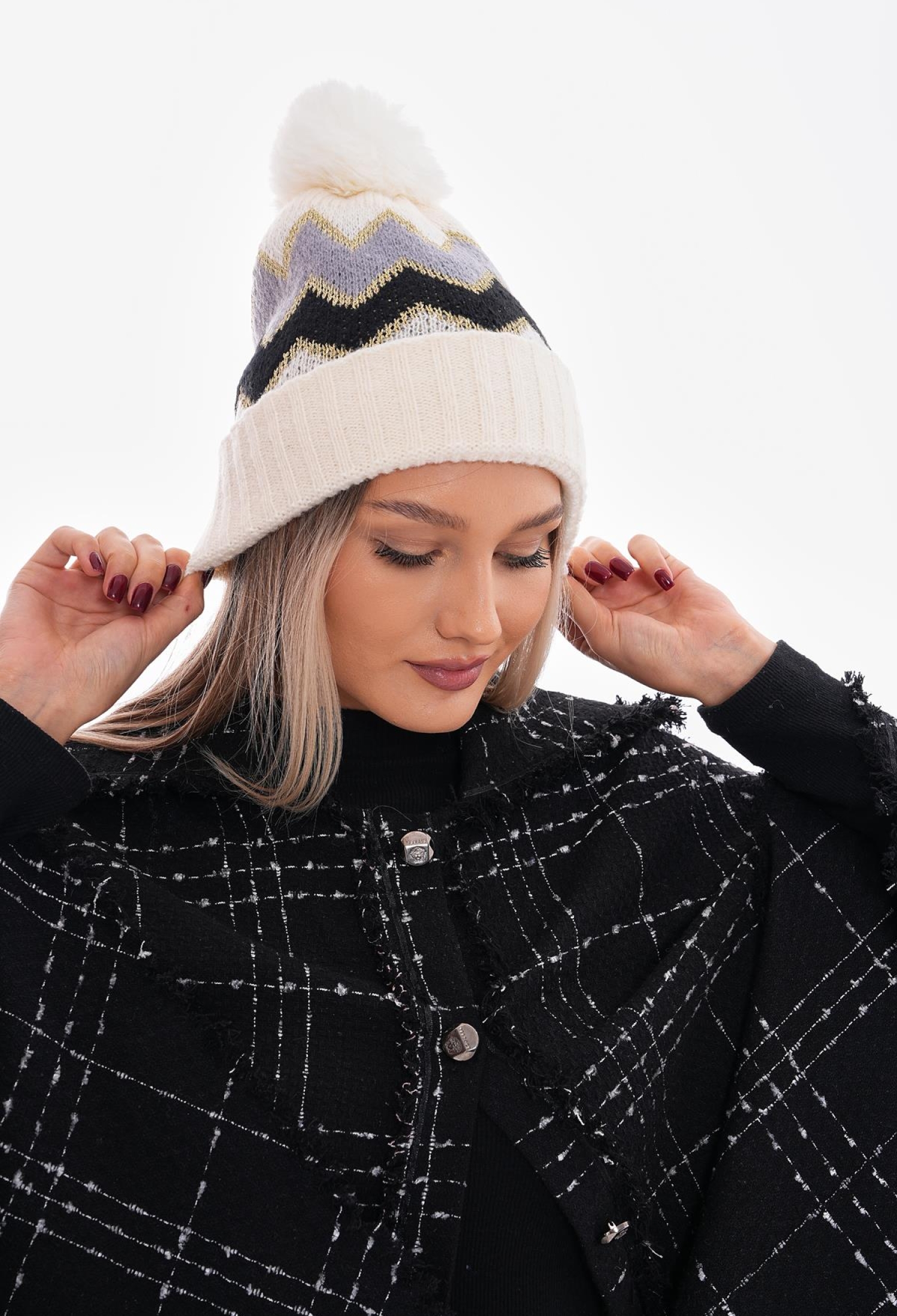 Pompom Zigzag Patterned Beret - Brand: Axesoire - Women & Kids, Baby Clothes Wholesale - TheBS Women