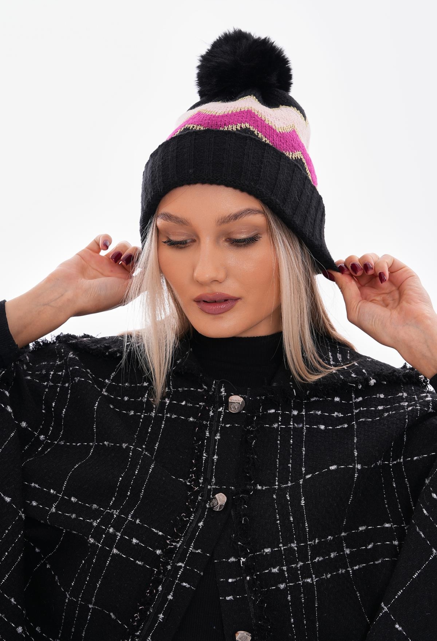 Fuchsia Beret With Pompom And Zigzag Pattern - Brand: Axesoire - Women & Kids, Baby Clothes Wholesale - TheBS Women