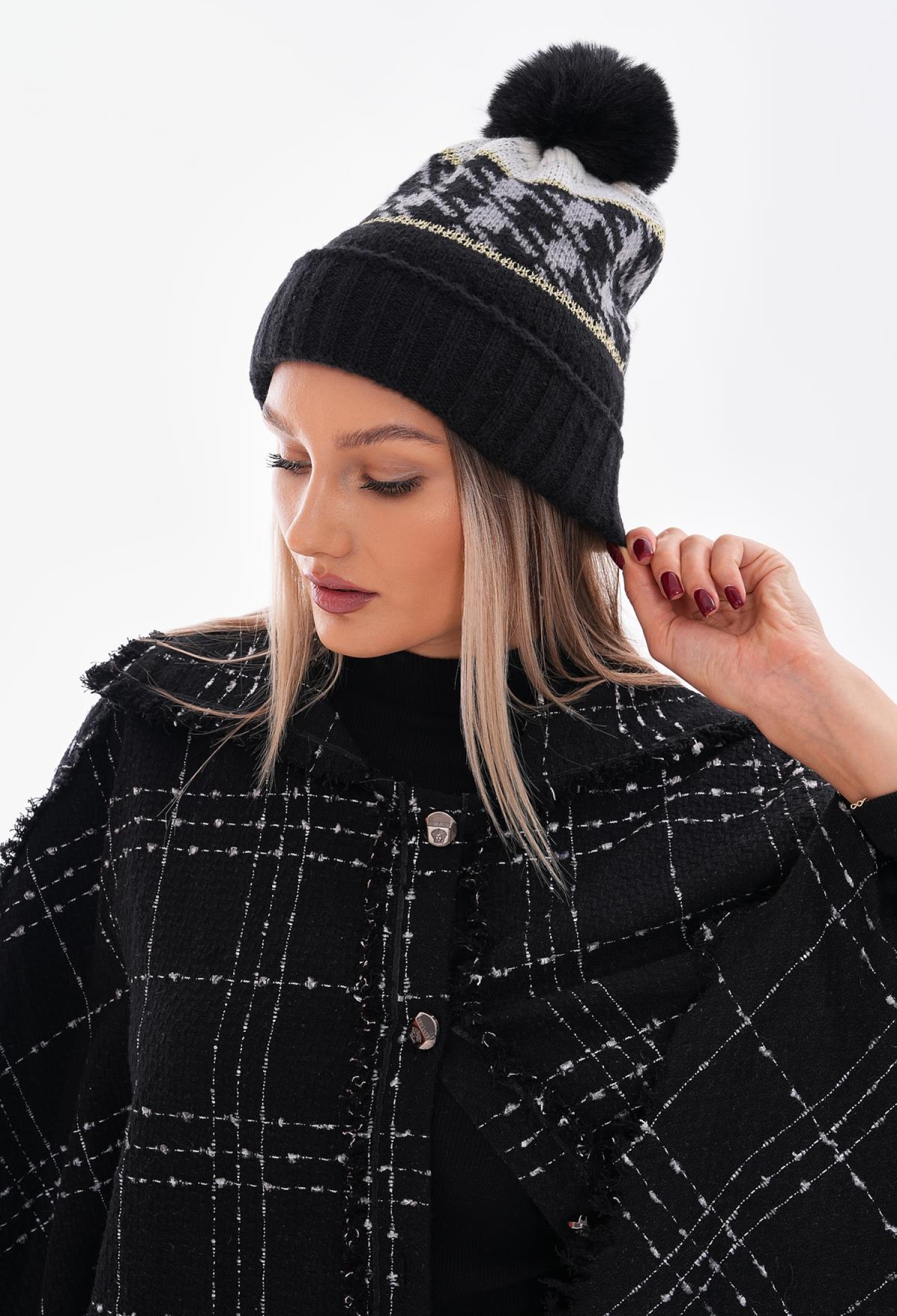 Pompom Houndstooth Patterned Beret - Black - Brand: Axesoire - Women & Kids, Baby Clothes Wholesale - TheBS Women