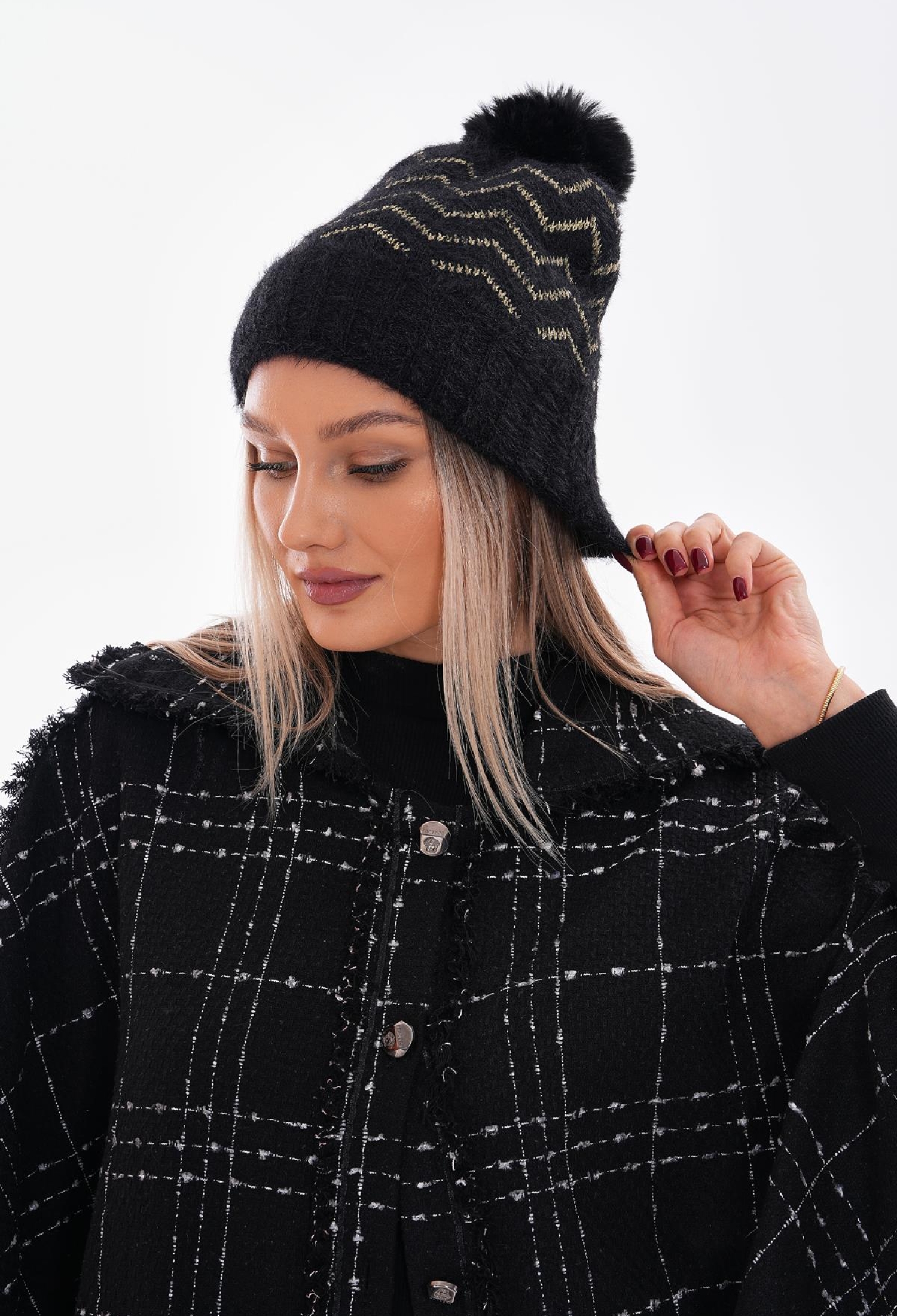 Pompom Zigzag Patterned Beret - Brand: Axesoire - Women & Kids, Baby Clothes Wholesale - TheBS Women