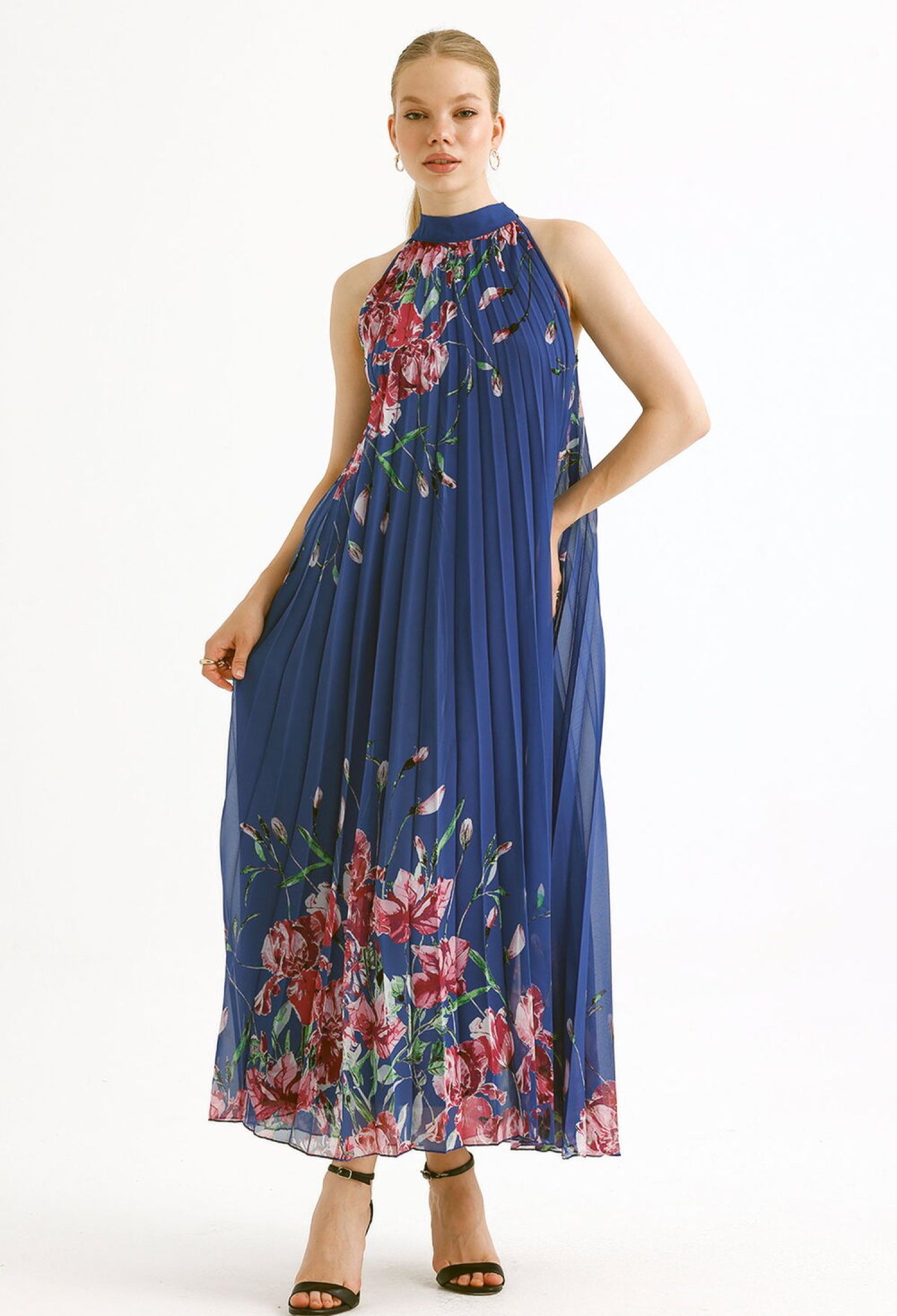 Sense Saks Floral Lined Pleated Long Evening Patterned Chiffon Dress - Brand: SENSE - Women & Kids, Baby Clothes Wholesale - TheBS Women