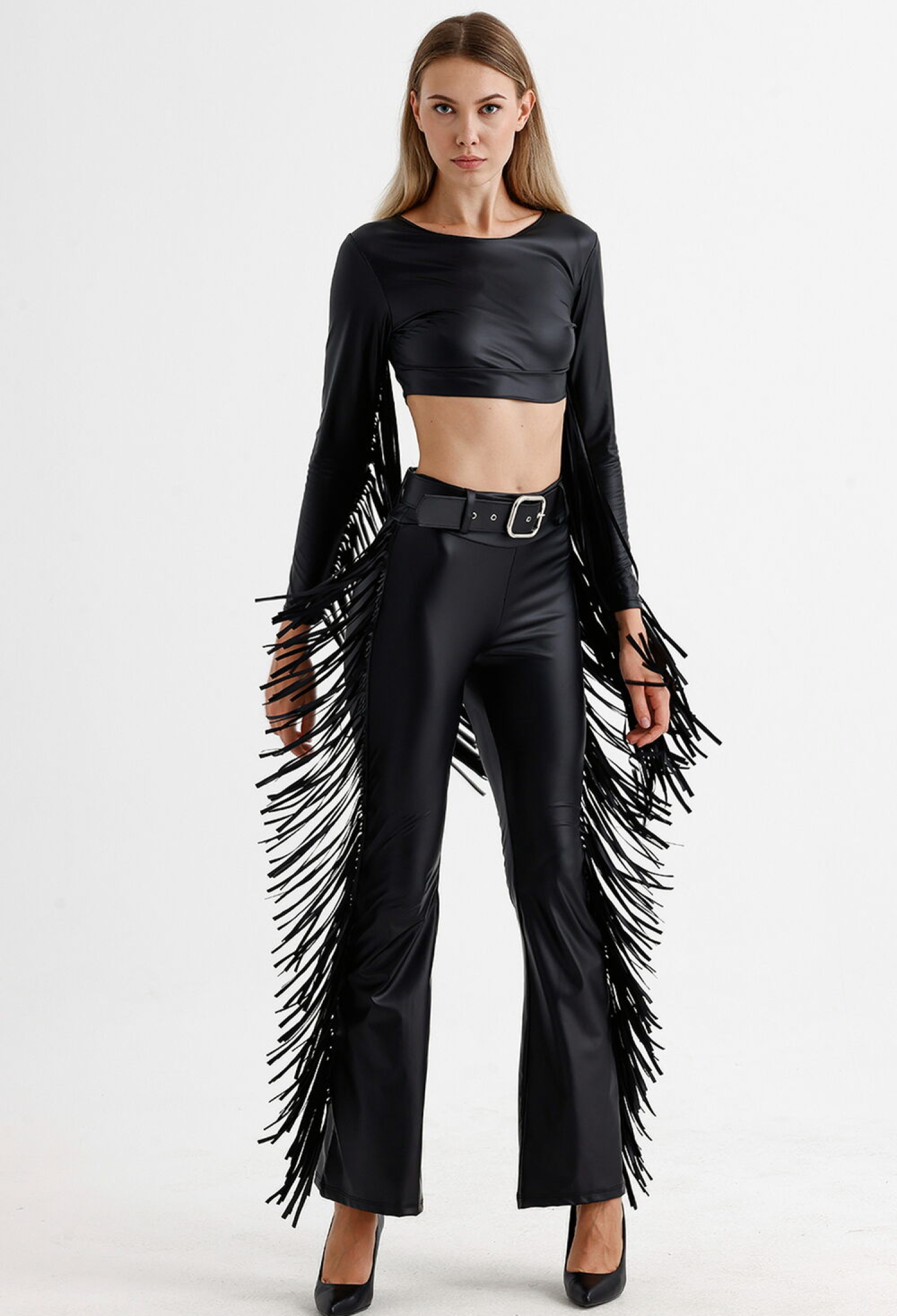 Sense Black Belted Tassel Detailed Faux Leather Trousers - Brand: SENSE - Women & Kids, Baby Clothes Wholesale - TheBS Women