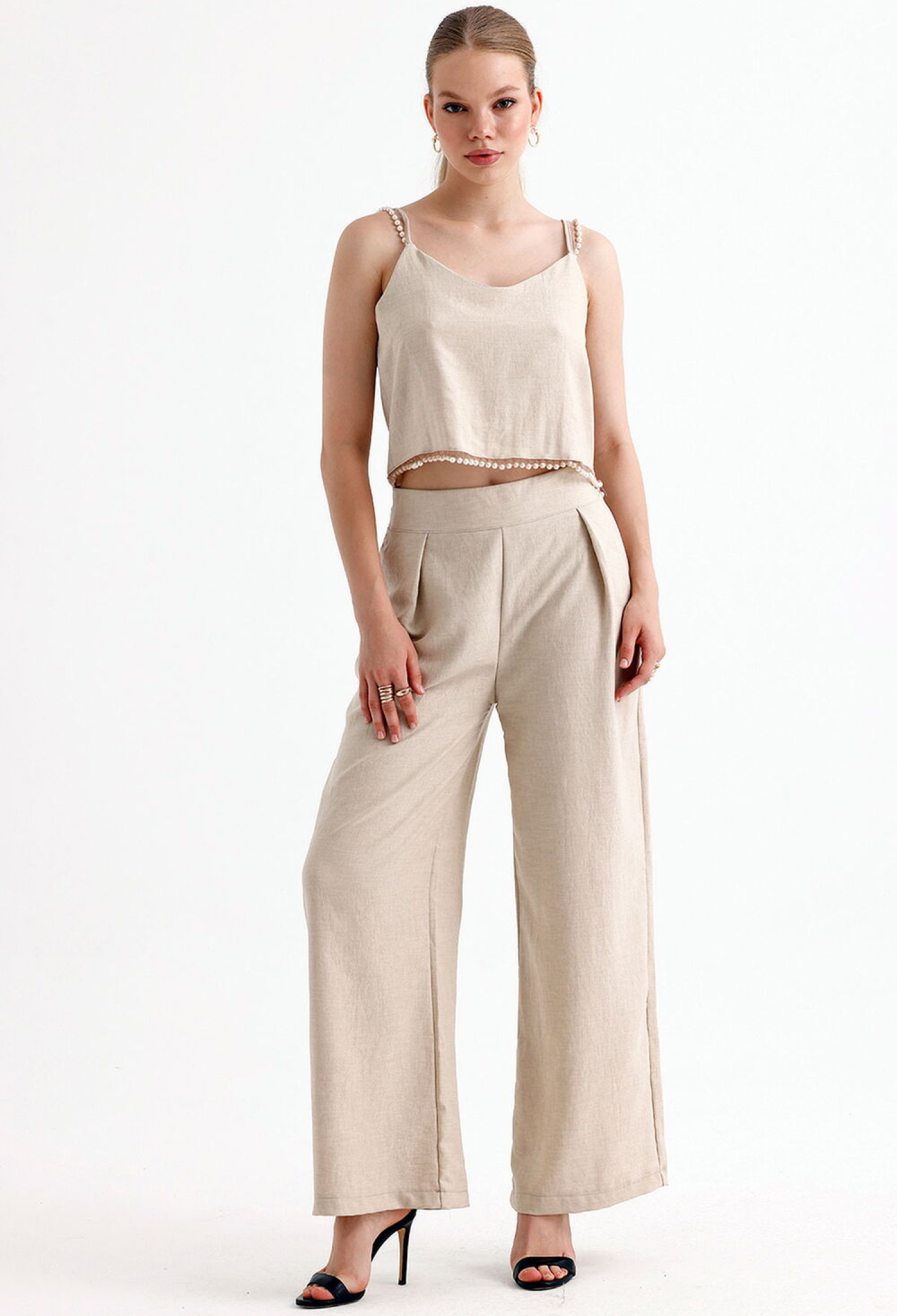 Sense Beige Pearl Detailed Blouse Trousers 2 Piece Set - Brand: SENSE - Women & Kids, Baby Clothes Wholesale - TheBS Women