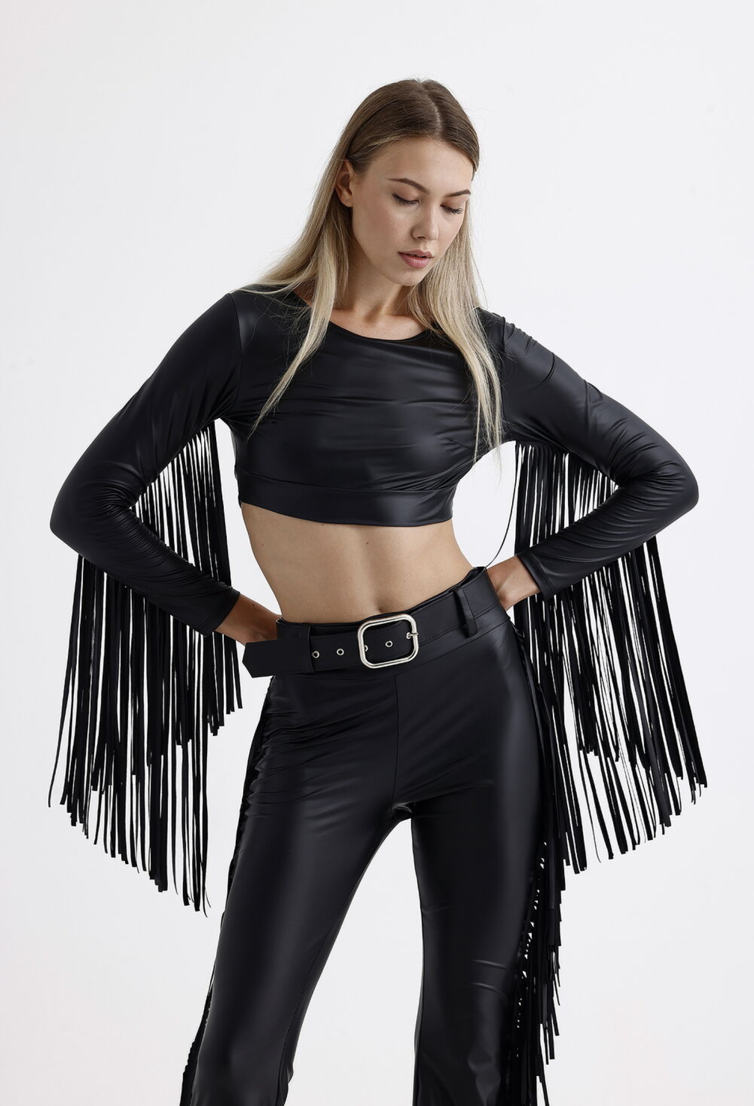 Sense Black Crop Tassel Detailed Long Sleeve Faux Leather Blouse - Brand: SENSE - Women & Kids, Baby Clothes Wholesale - TheBS Women
