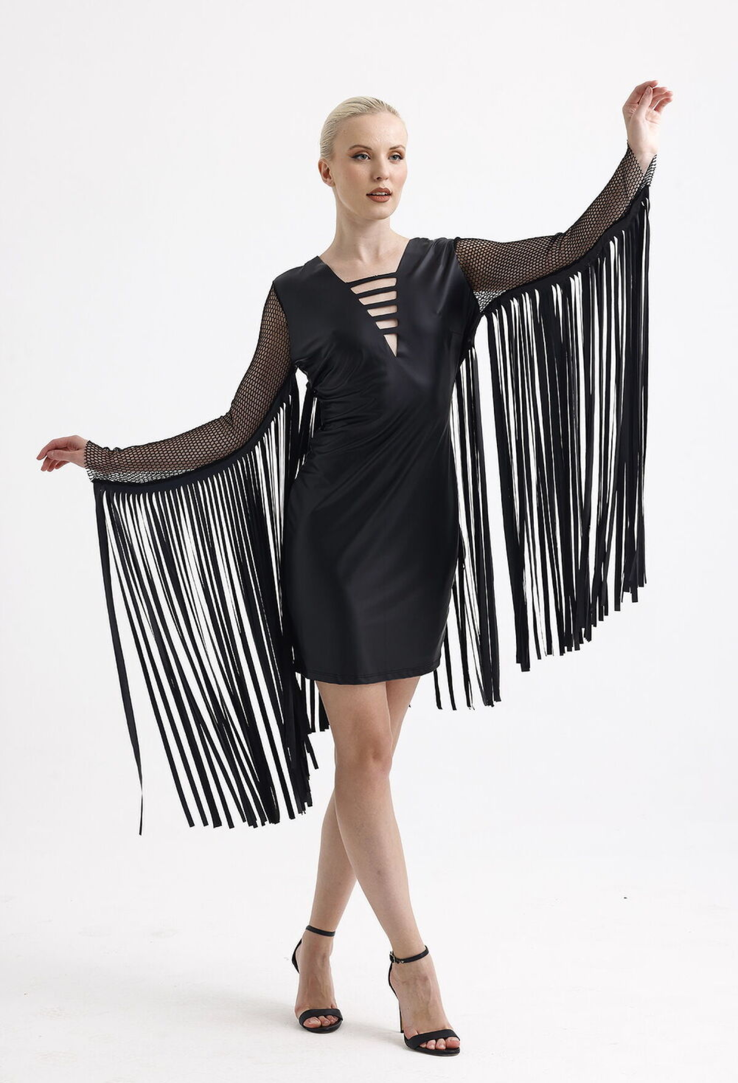 Sense Black Front Back Laser Cut Sleeve And Back Tassel Faux Leather Evening Dress - Brand: SENSE - Women & Kids, Baby Clothes Wholesale - TheBS Women