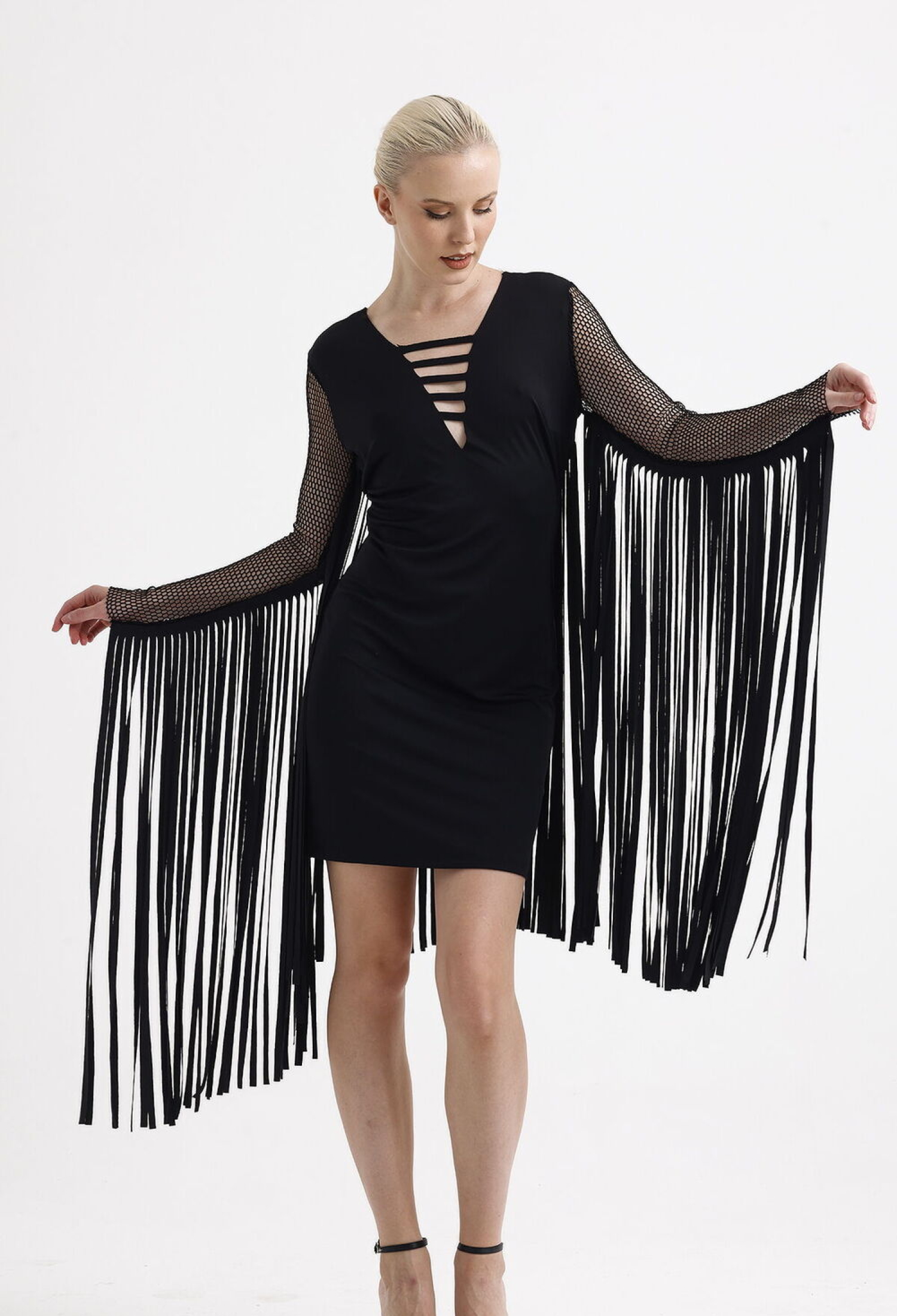 Sense BLACK FRINGED Front Back Laser Cut Sleeve And Back Fringed Diving Evening Dress - Brand: SENSE - Women & Kids, Baby Clothes Wholesale - TheBS Women