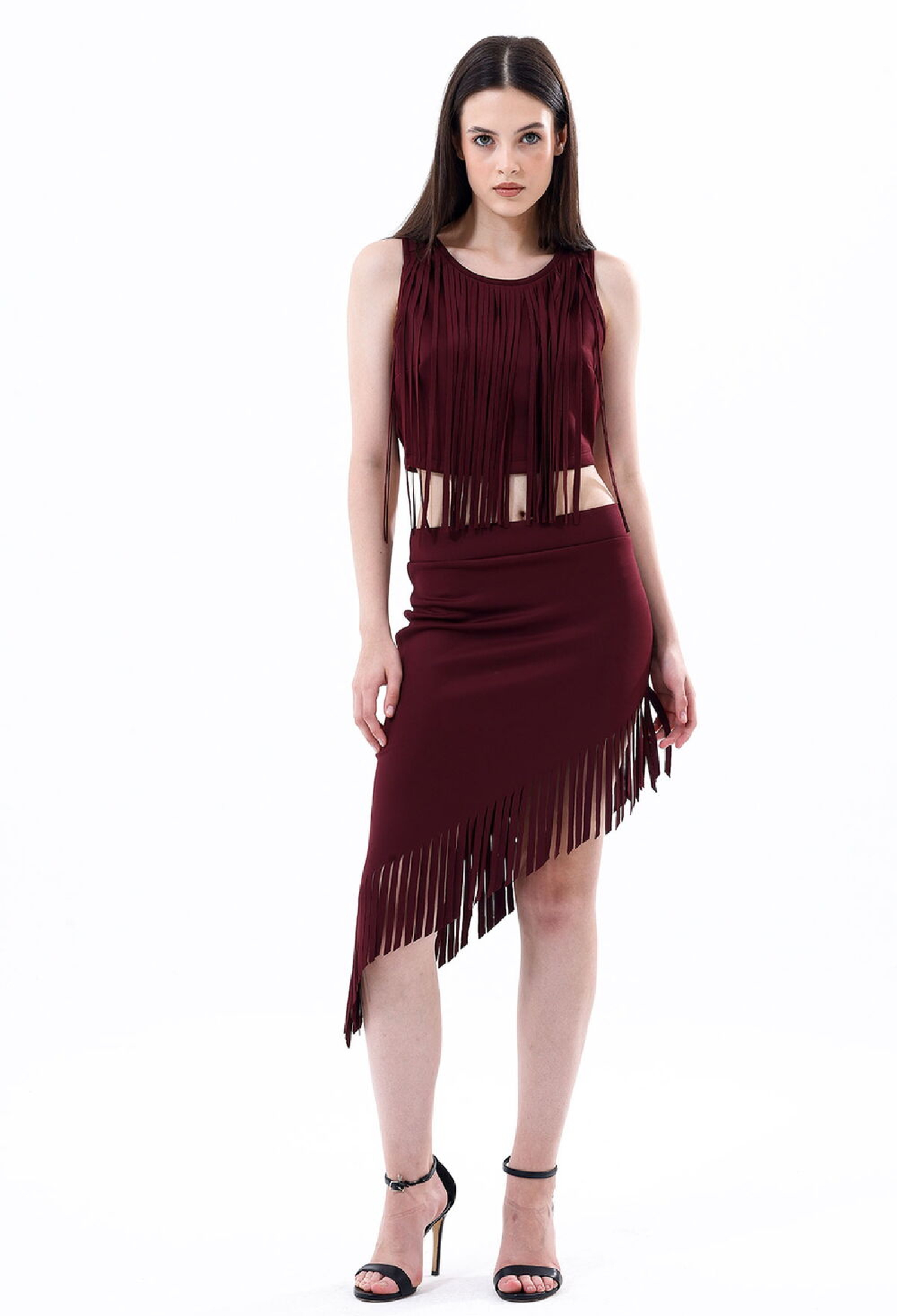 Sense Burgundy Fringed Slightly Symmetrical Evening Skirt - Brand: SENSE - Women & Kids, Baby Clothes Wholesale - TheBS Women