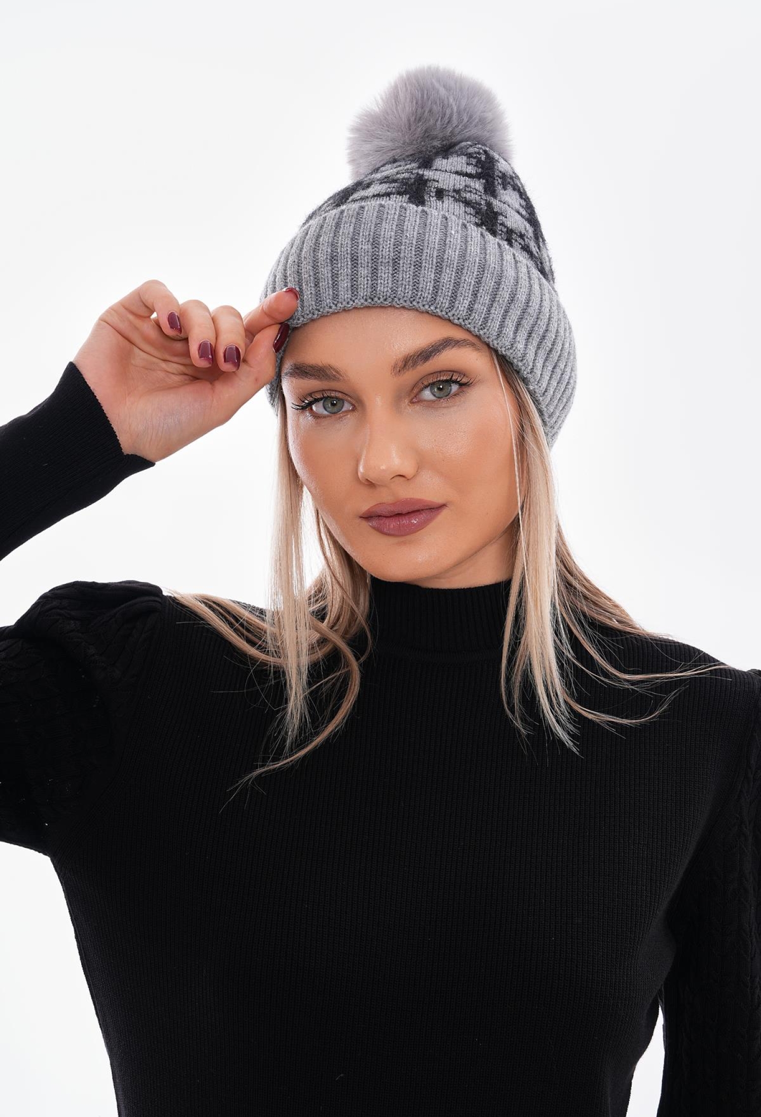 Pompom Patterned Polar Fleece Inside Beanie - Gray - Brand: Axesoire - Women & Kids, Baby Clothes Wholesale - TheBS Women