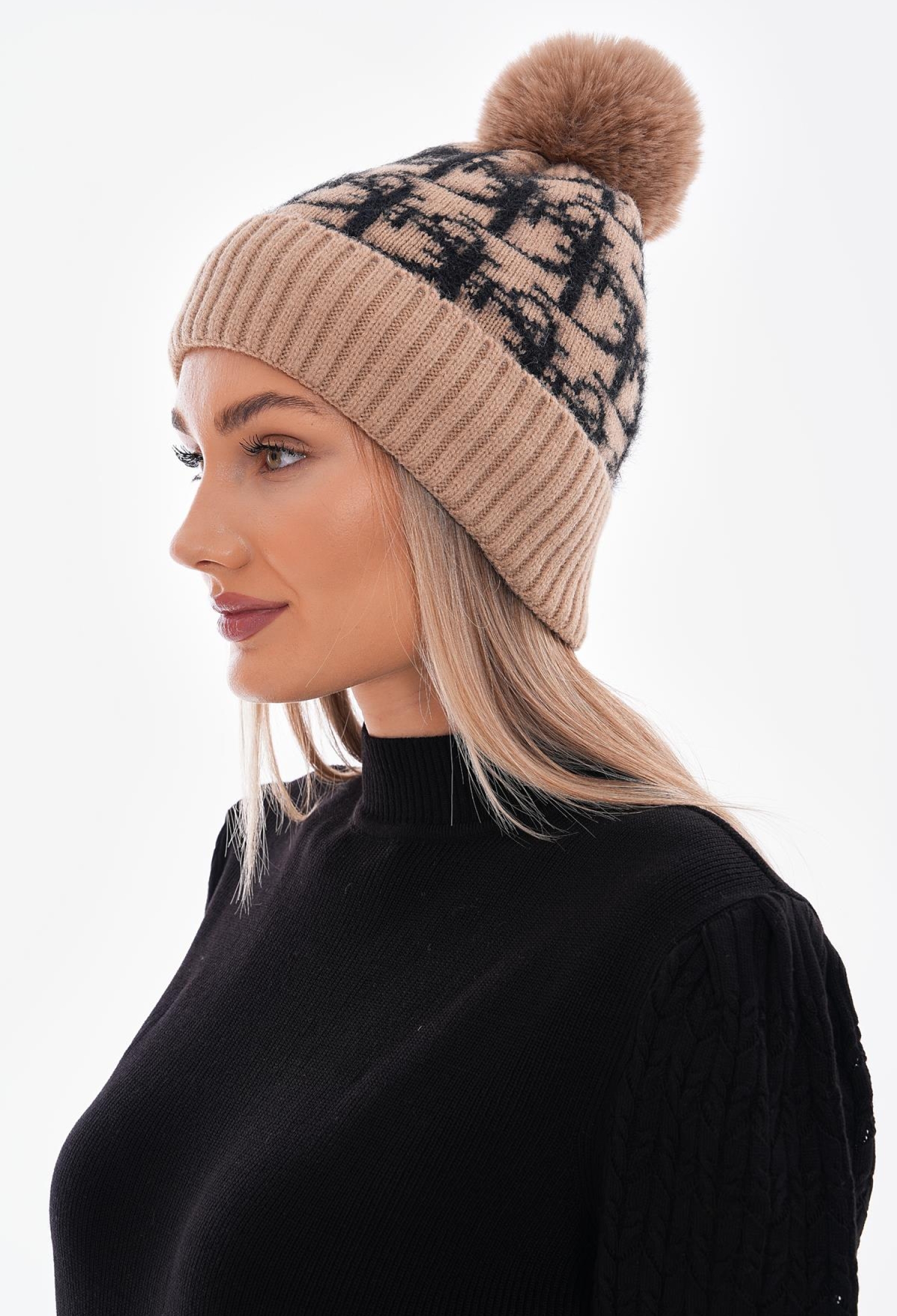 Pompom Patterned Polar Fleece Inside Beanie - Brand: Axesoire - Women & Kids, Baby Clothes Wholesale - TheBS Women