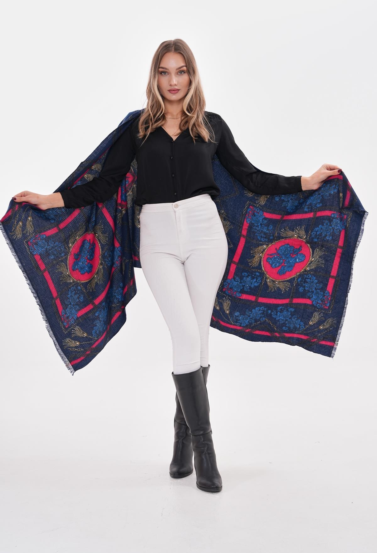 Hyacinth Patterned Shawl - Navy Blue - Brand: Axesoire - Women & Kids, Baby Clothes Wholesale - TheBS Women