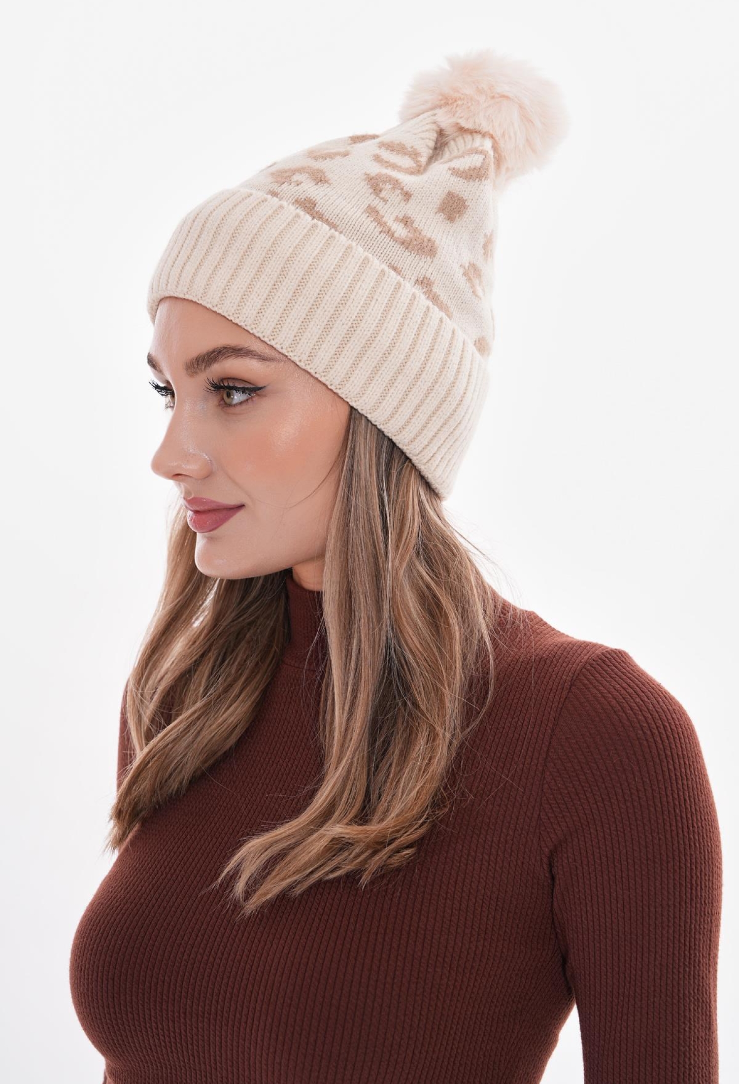 Pompom Leopard Patterned Polar Fleece Inside Beanie - Brand: Axesoire - Women & Kids, Baby Clothes Wholesale - TheBS Women