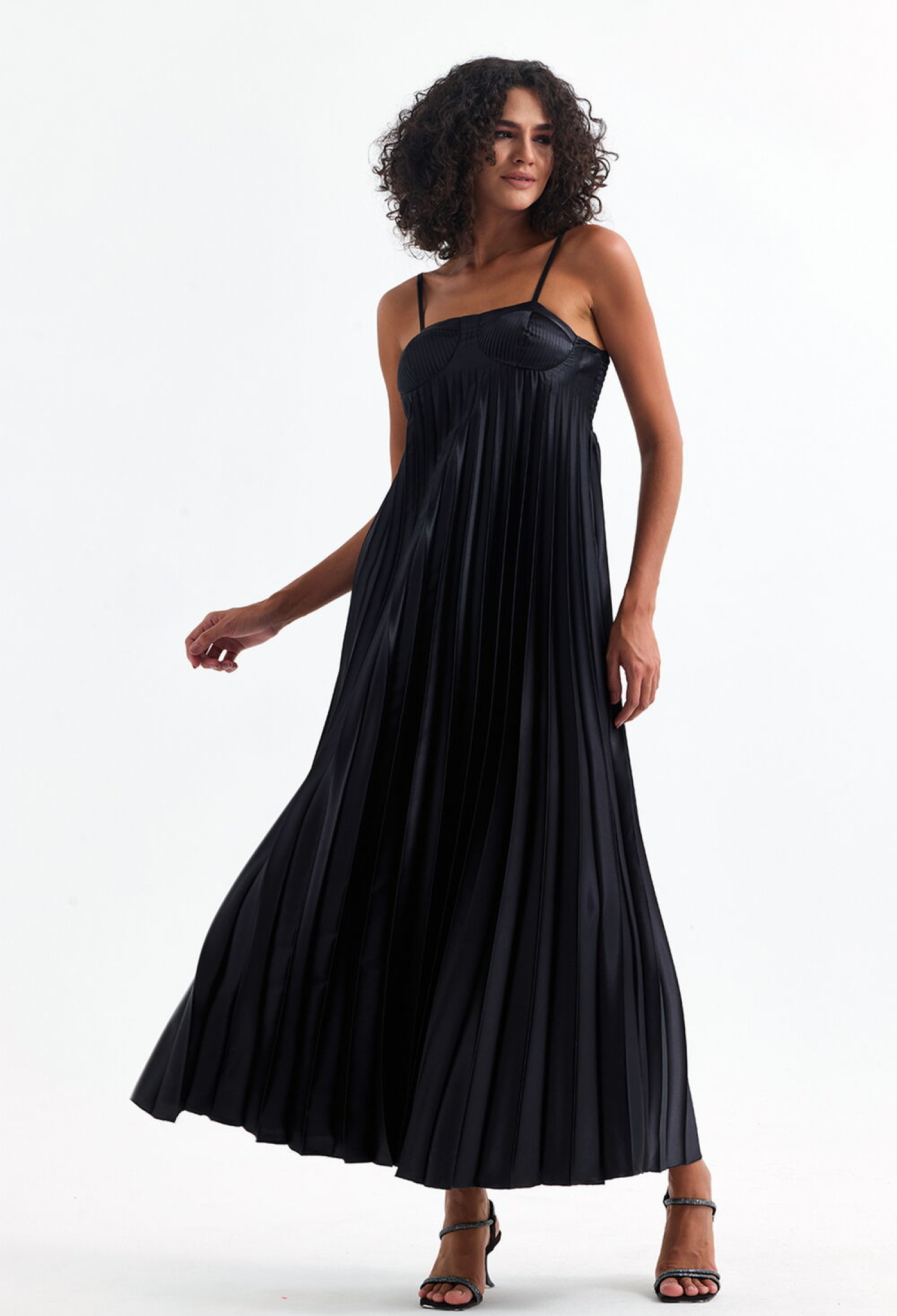 Sense Black Covered Adjustable Strap Pleated Evening Long Satin Dress - Brand: SENSE - Women & Kids, Baby Clothes Wholesale - TheBS Women