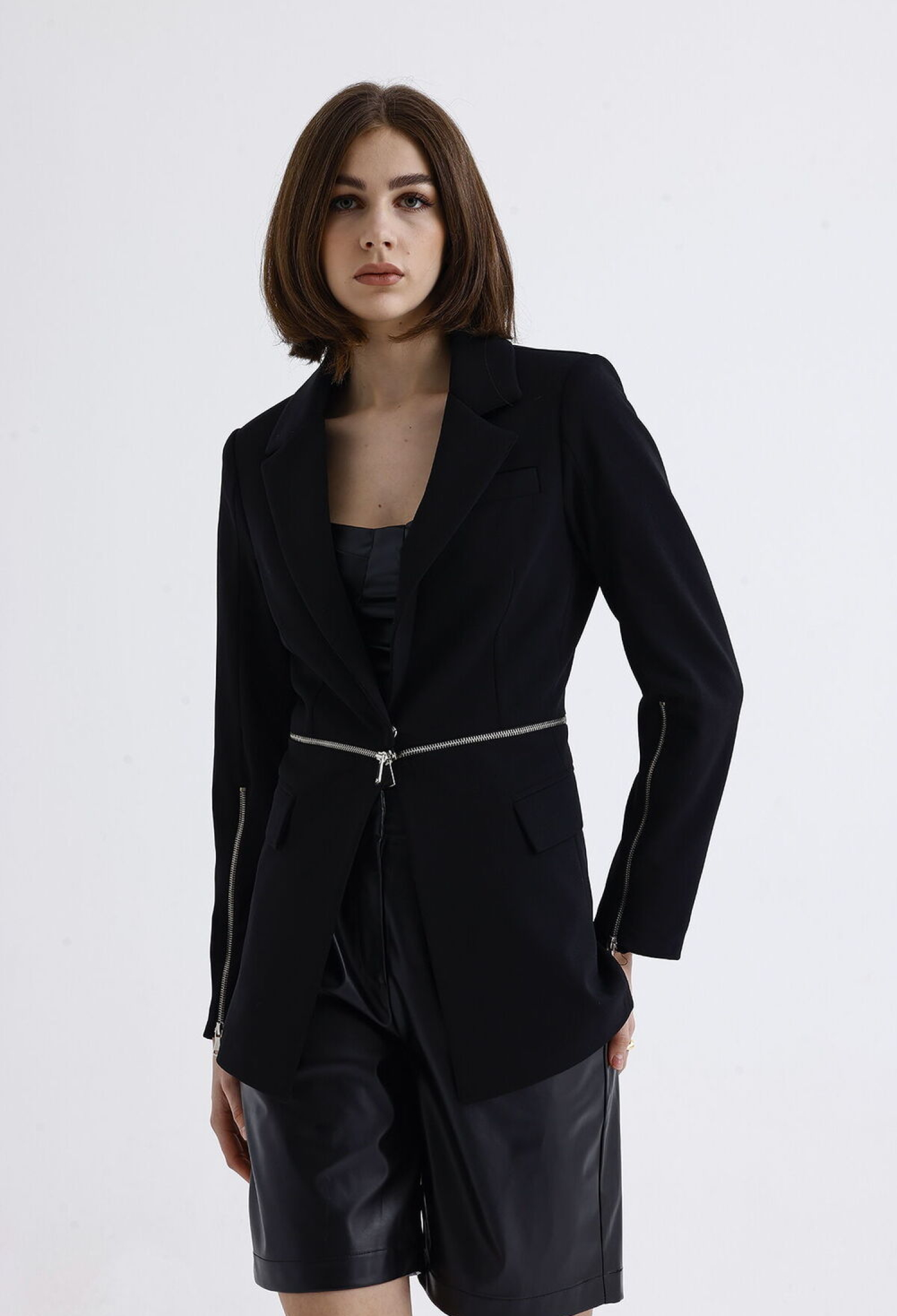 Sense Black Lined Waist And Sleeves Metal Zippered Scuba Crepe Jacket - Brand: SENSE - Women & Kids, Baby Clothes Wholesale - TheBS Women