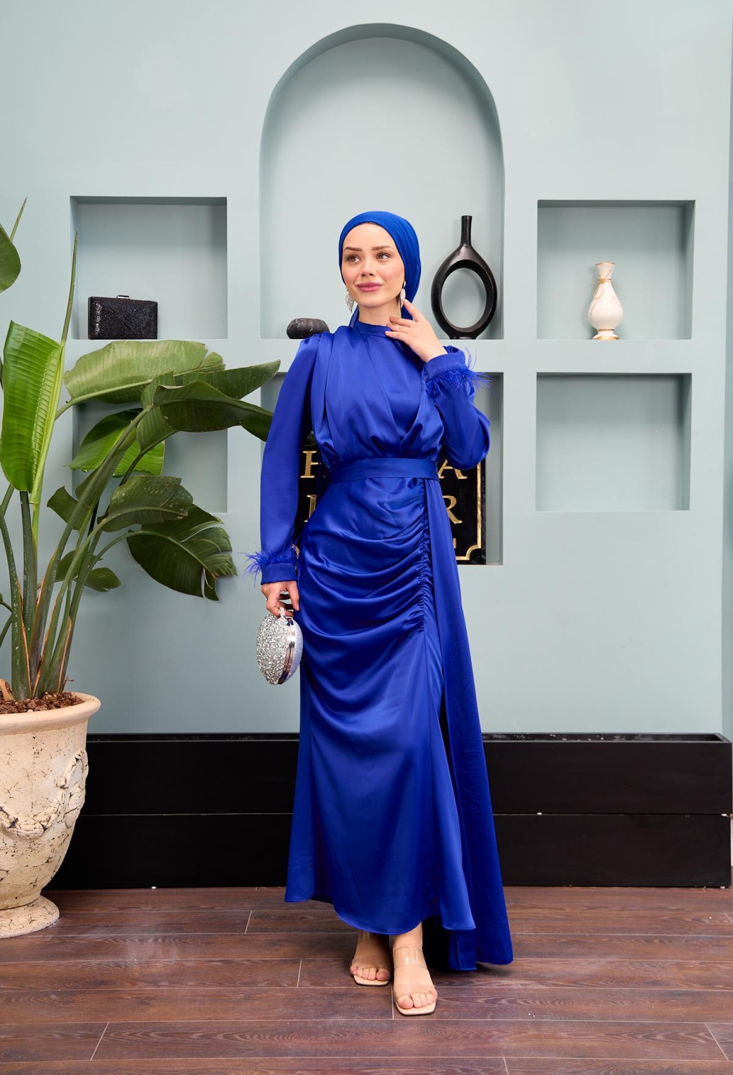 Kobe Satin Evening Dress With Waist Tie - Saks Blue - Brand: Hulya Keser - Women & Kids, Baby Clothes Wholesale - TheBS Women