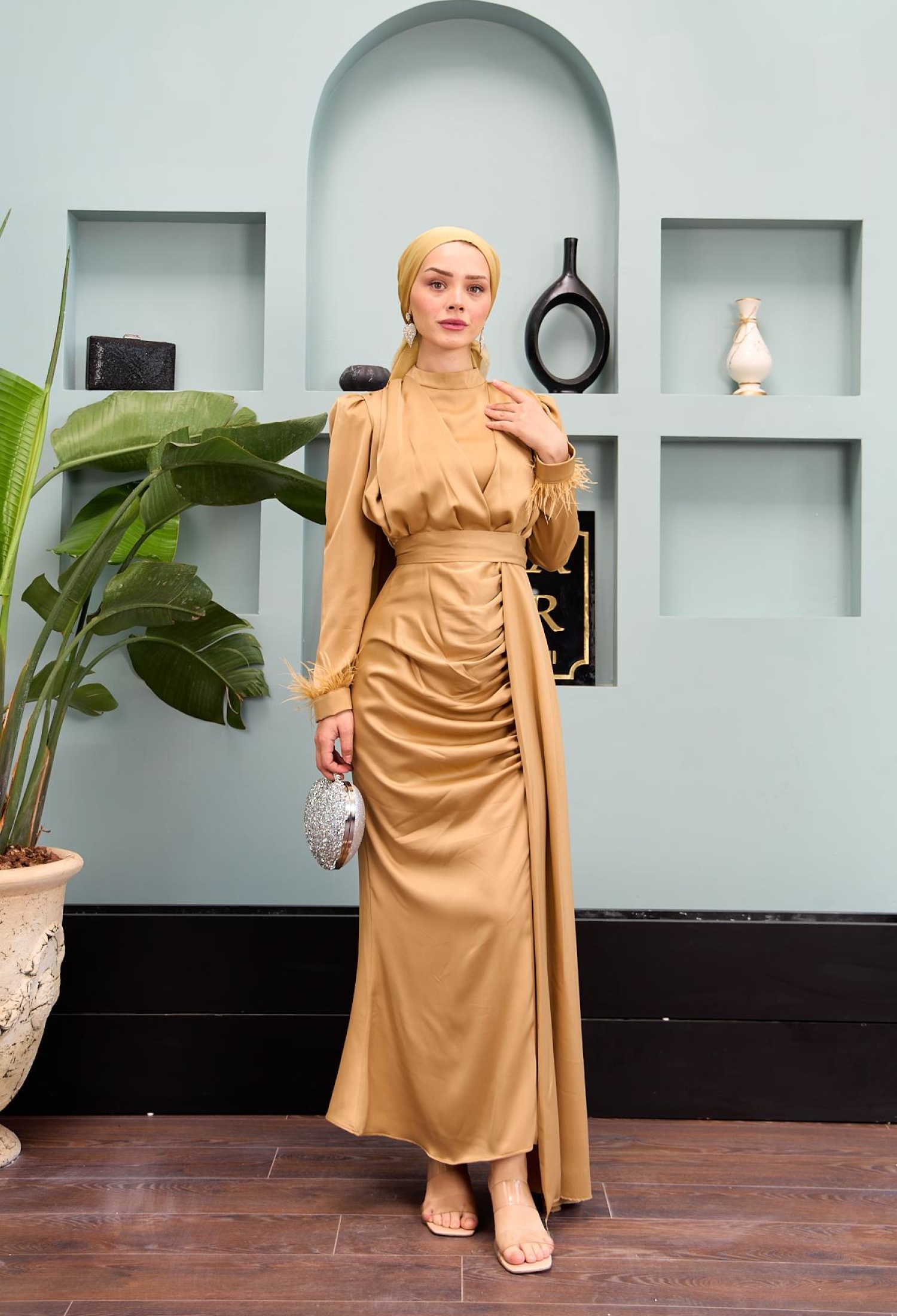 Kobe Satin Evening Dress With Waist Tie - Brand: Hulya Keser - Women & Kids, Baby Clothes Wholesale - TheBS Women