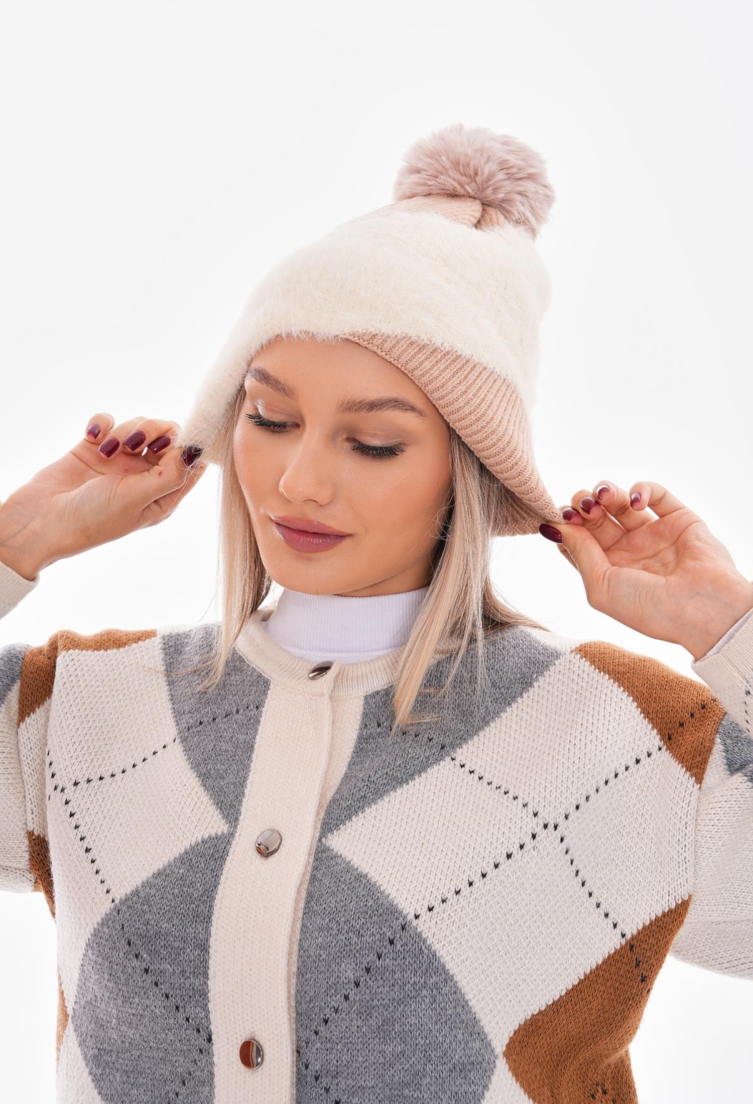 Pompom Patterned Polar Fleece Inside Beanie - Powder - Brand: Axesoire - Women & Kids, Baby Clothes Wholesale - TheBS Women