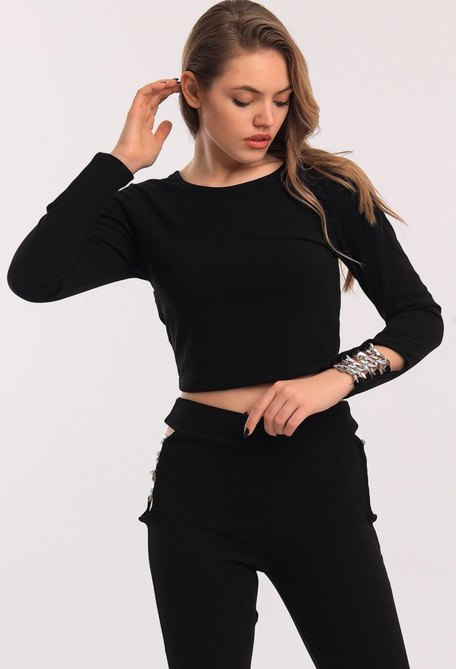 Scuba Crepe Blouse With Silver Link Chain On Sleeve - Black - Brand: SENSE - Women & Kids, Baby Clothes Wholesale - TheBS Women