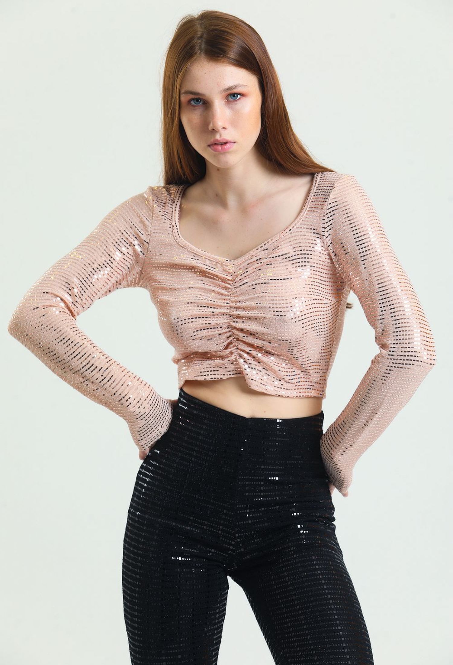 Long Sleeve Front Elastic Gathered Buzi Sequin Blouse - Brand: SENSE - Women & Kids, Baby Clothes Wholesale - TheBS Women