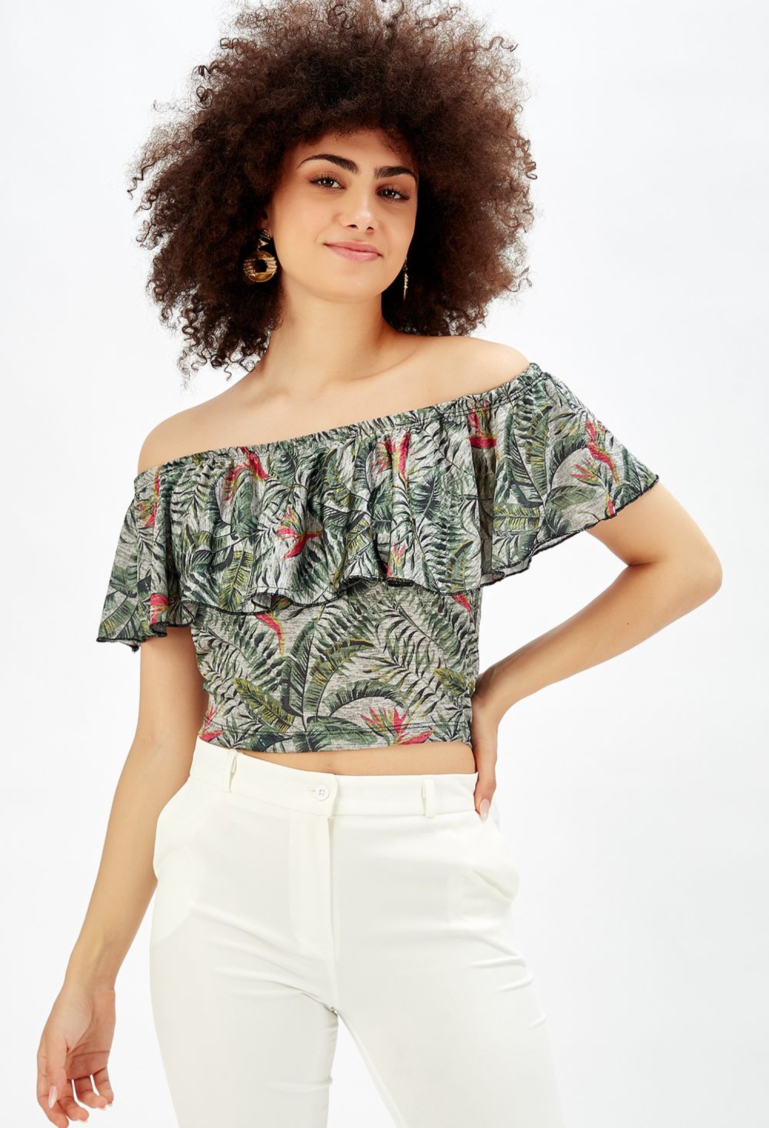 Bird Patterned Flower And Parrot Patterned Short Flounce Blouse - Green - Brand: SENSE - Women & Kids, Baby Clothes Wholesale - TheBS Women