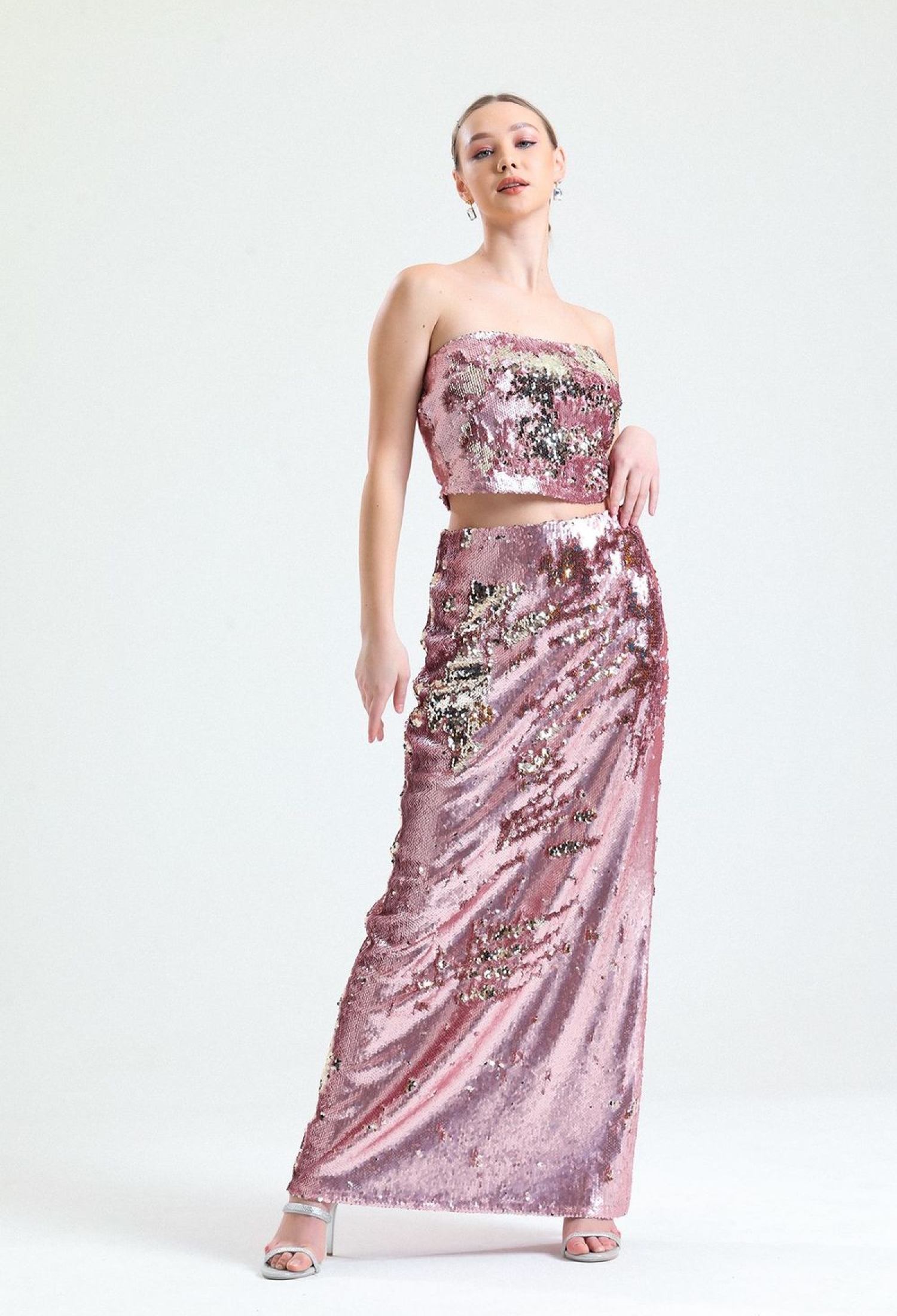 Fitted Knitted Shiny Sequin Sequined Elegant Evening Dress Skirt - Powder - Brand: SENSE - Women & Kids, Baby Clothes Wholesale - TheBS Women