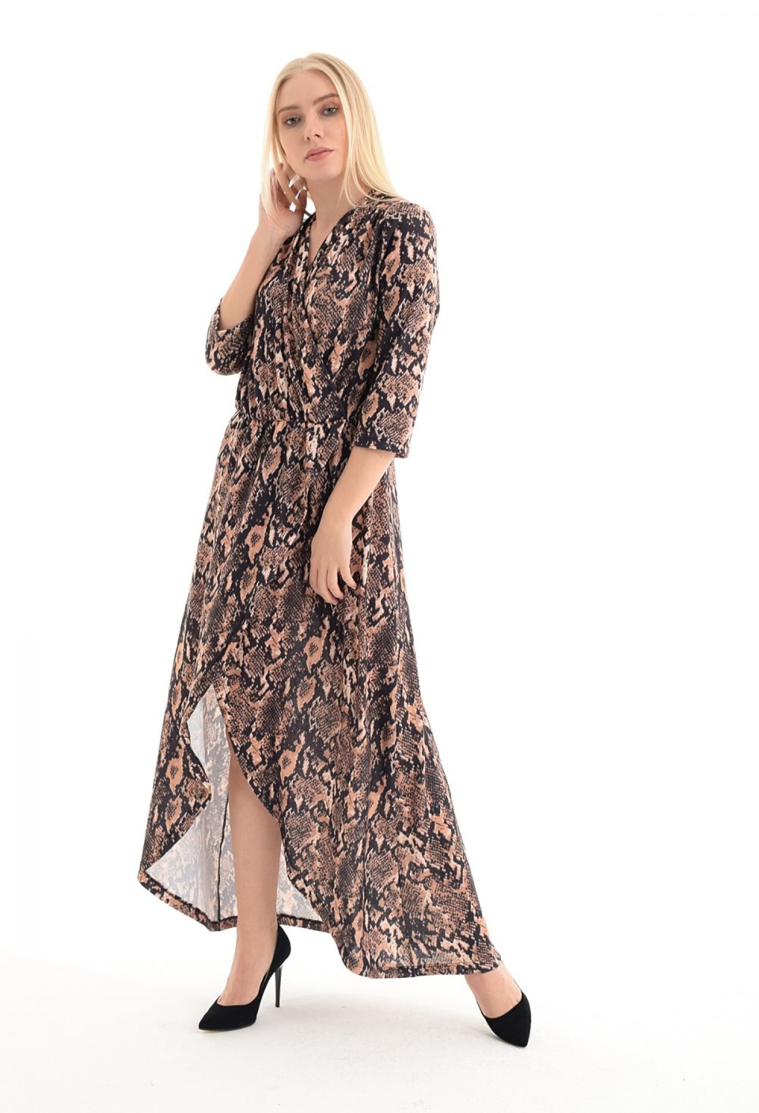 Snake Patterned Double Breasted Neck Elastic Waist Dress - Brand: SENSE - Women & Kids, Baby Clothes Wholesale - TheBS Women