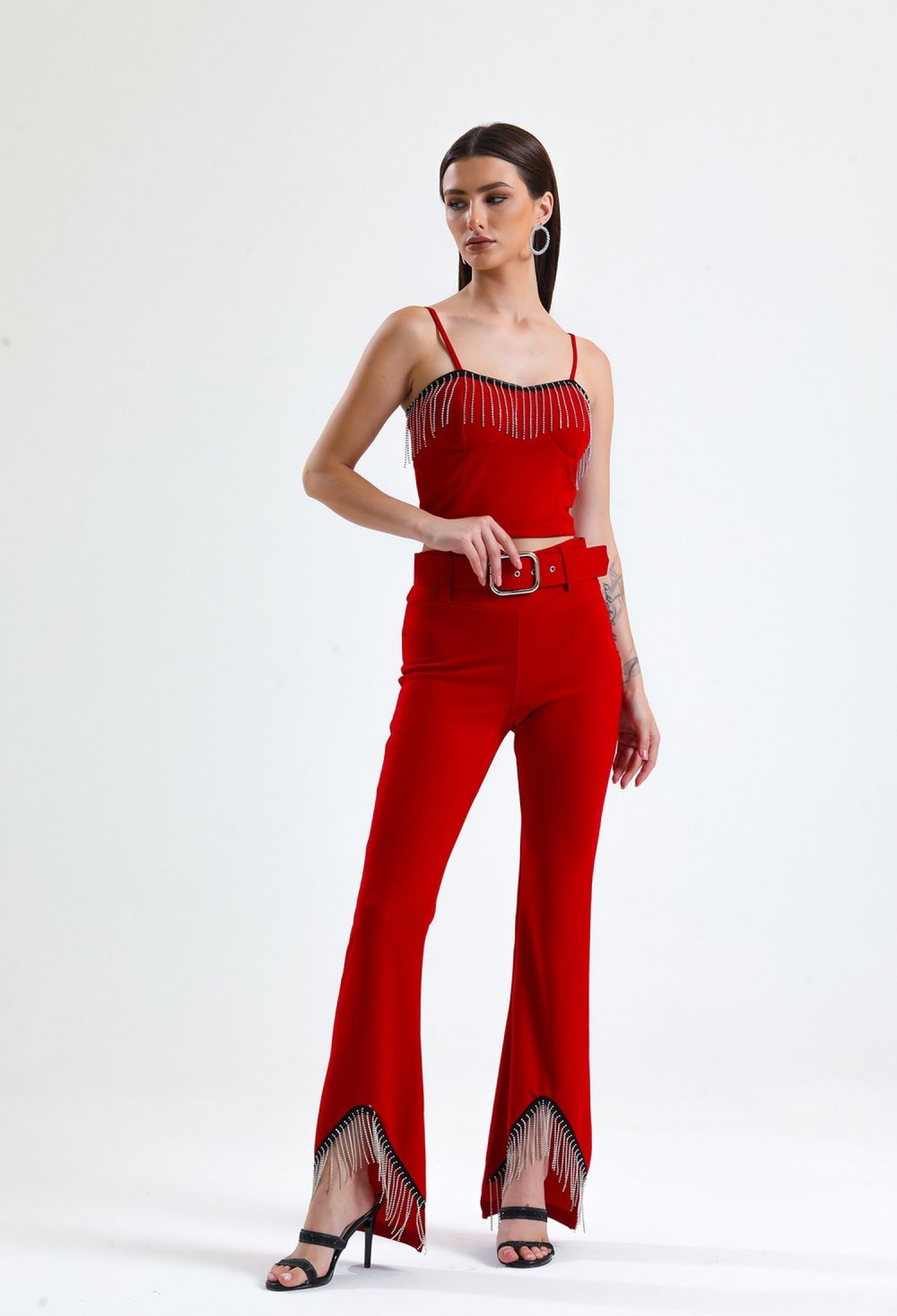Belted Waist Rowed Stone Chain Detailed Scuba Crepe Evening Dress Trousers - Brand: SENSE - Women & Kids, Baby Clothes Wholesale - TheBS Women