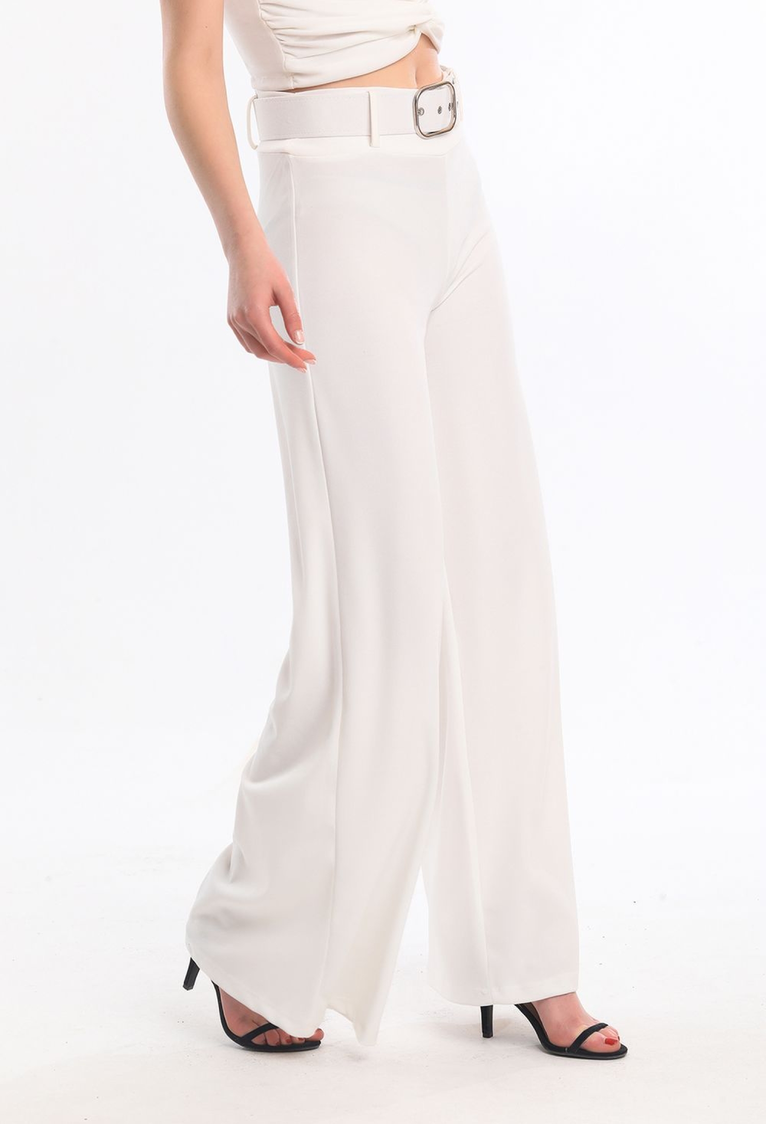 Flared Scuba Crepe Trousers With Fabric Covered Belt On The Sides - Brand: SENSE - Women & Kids, Baby Clothes Wholesale - TheBS Women