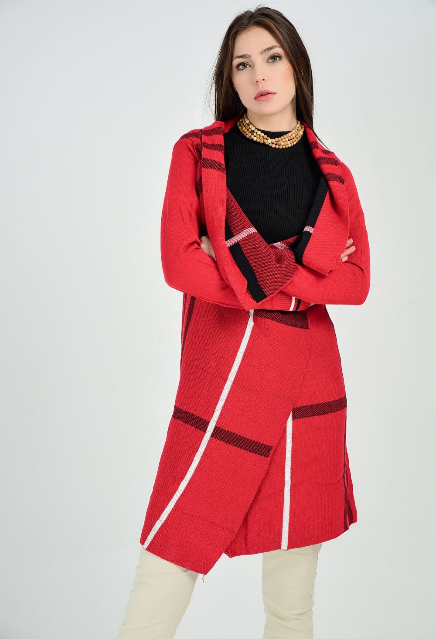 Ribbed Sleeve Plaid Cardigan -& Black - Brand: SENSE - Women & Kids, Baby Clothes Wholesale - TheBS Women