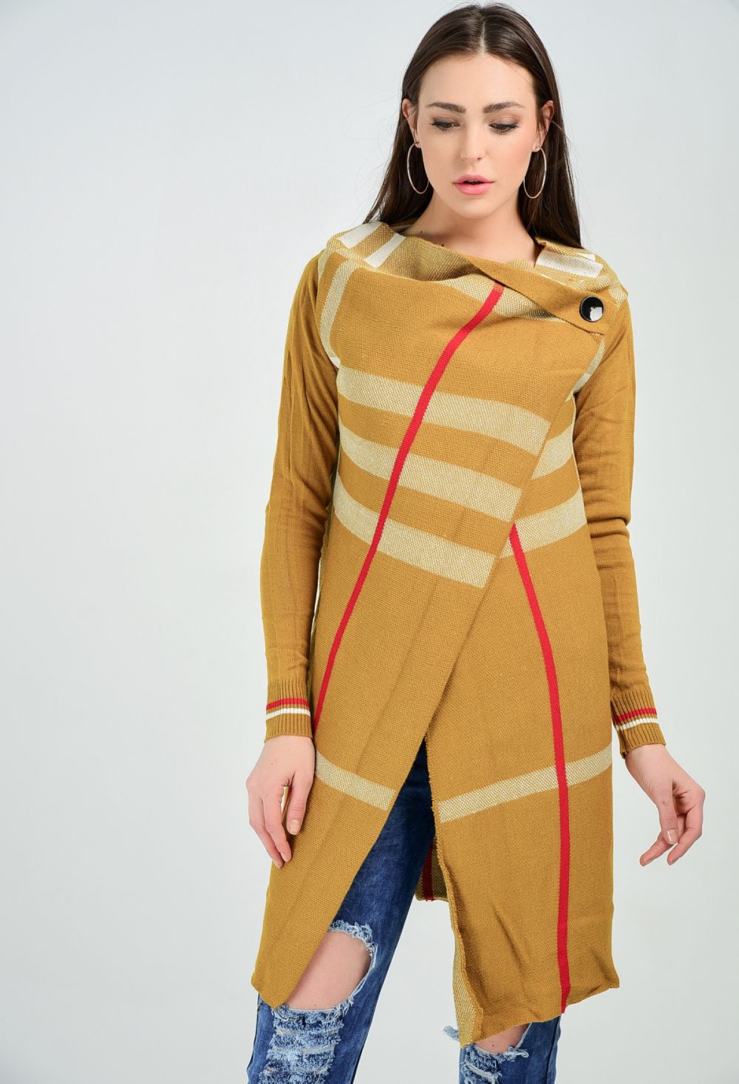 Ribbed Sleeve Plaid Cardigan - Saffron & - Brand: SENSE - Women & Kids, Baby Clothes Wholesale - TheBS Women