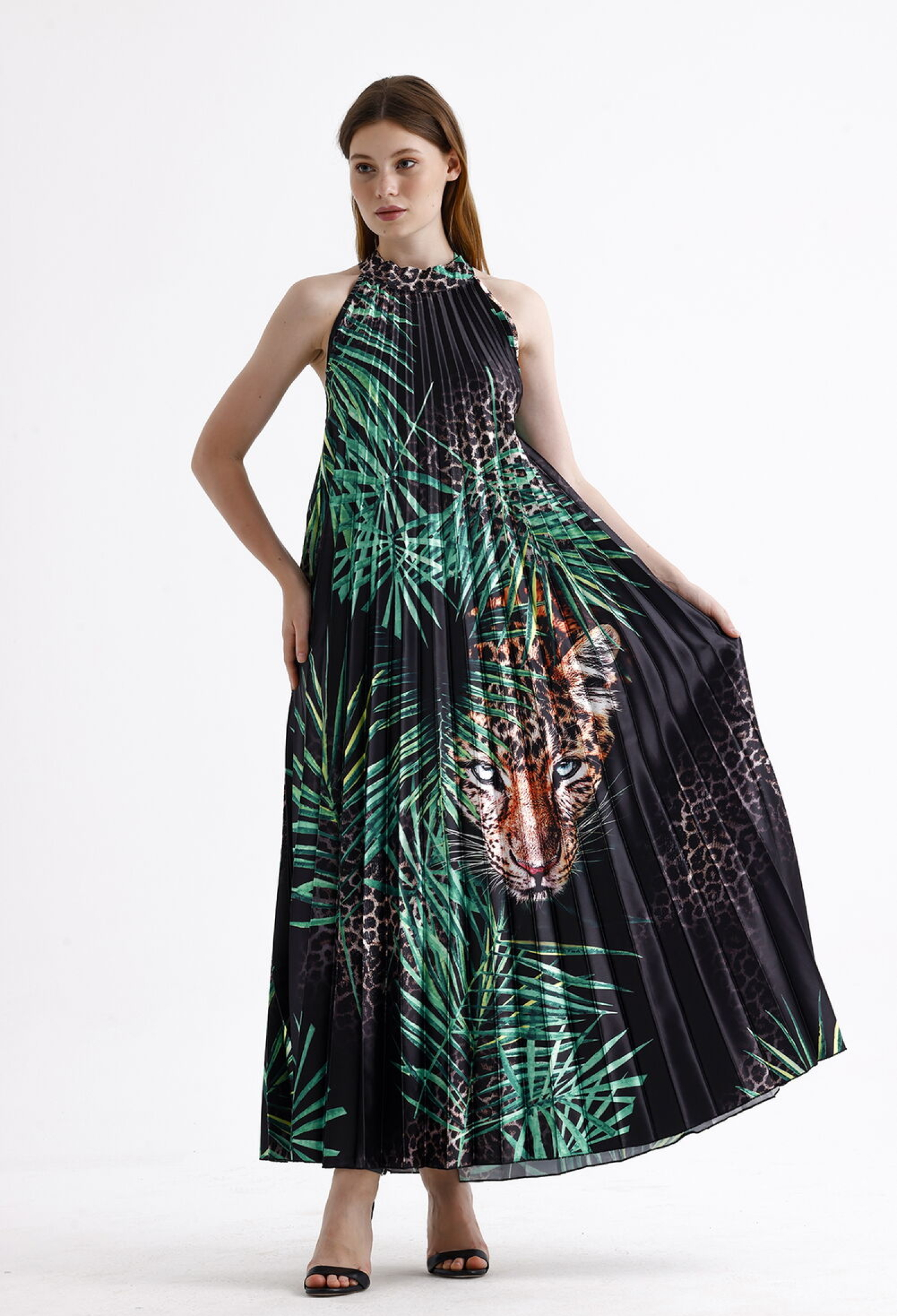 SenseTiger Pattern Halter Neck Pleated Digital Printed Sleeveless Satin Dress - Brand: SENSE - Women & Kids, Baby Clothes Wholesale - TheBS Women