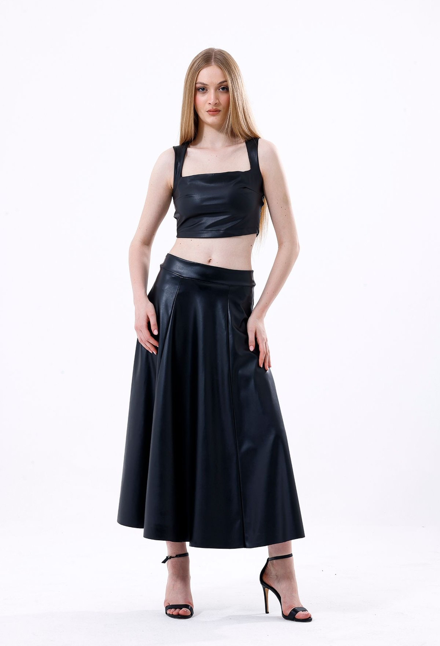Wide Belt Faux Leather Flared Skirt - Black - Brand: SENSE - Women & Kids, Baby Clothes Wholesale - TheBS Women