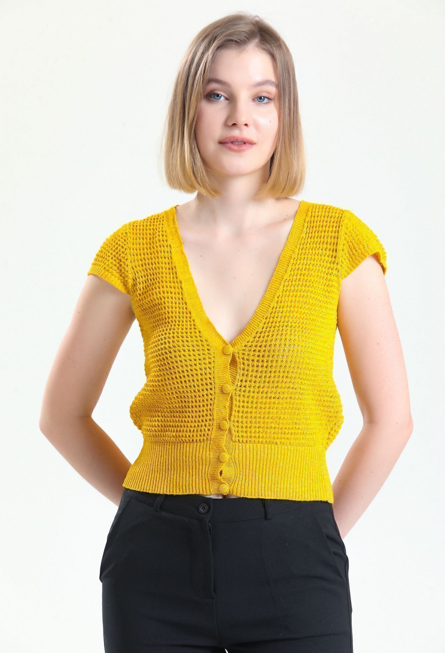 V Neck Openwork Buttoned Vest - Gold - Brand: SENSE - Women & Kids, Baby Clothes Wholesale - TheBS Women