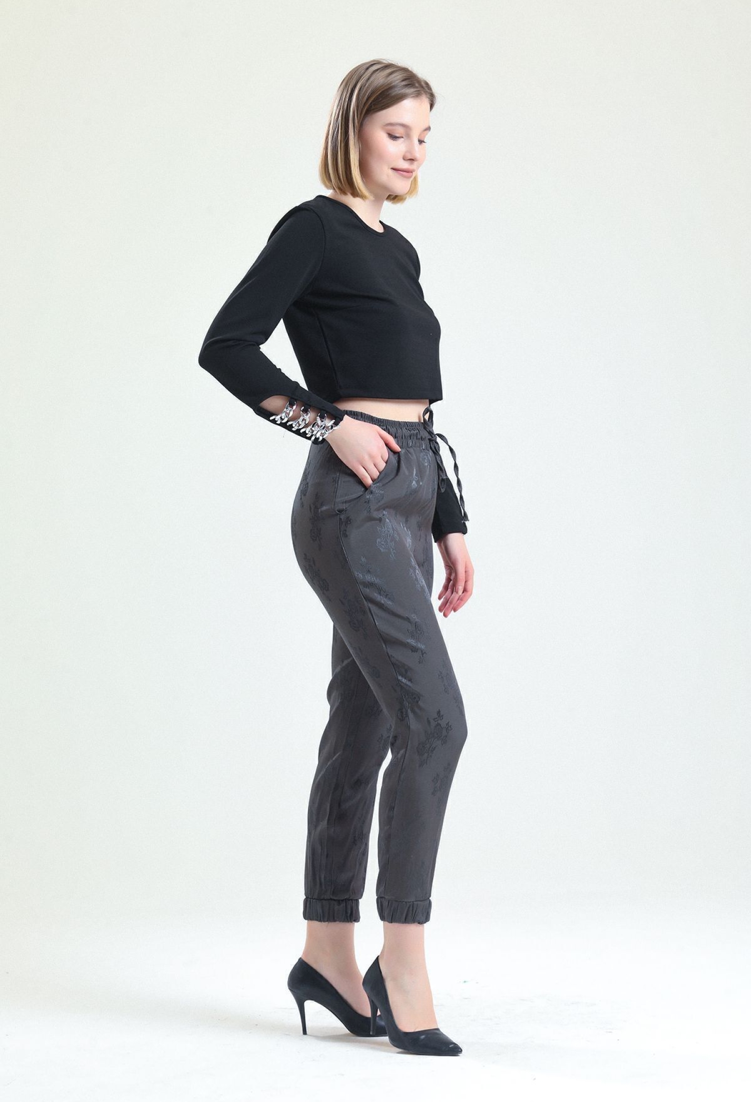 Floral Print Waist & Leg Elastic Lace-up Pants - Anthracite - Brand: SENSE - Women & Kids, Baby Clothes Wholesale - TheBS Women