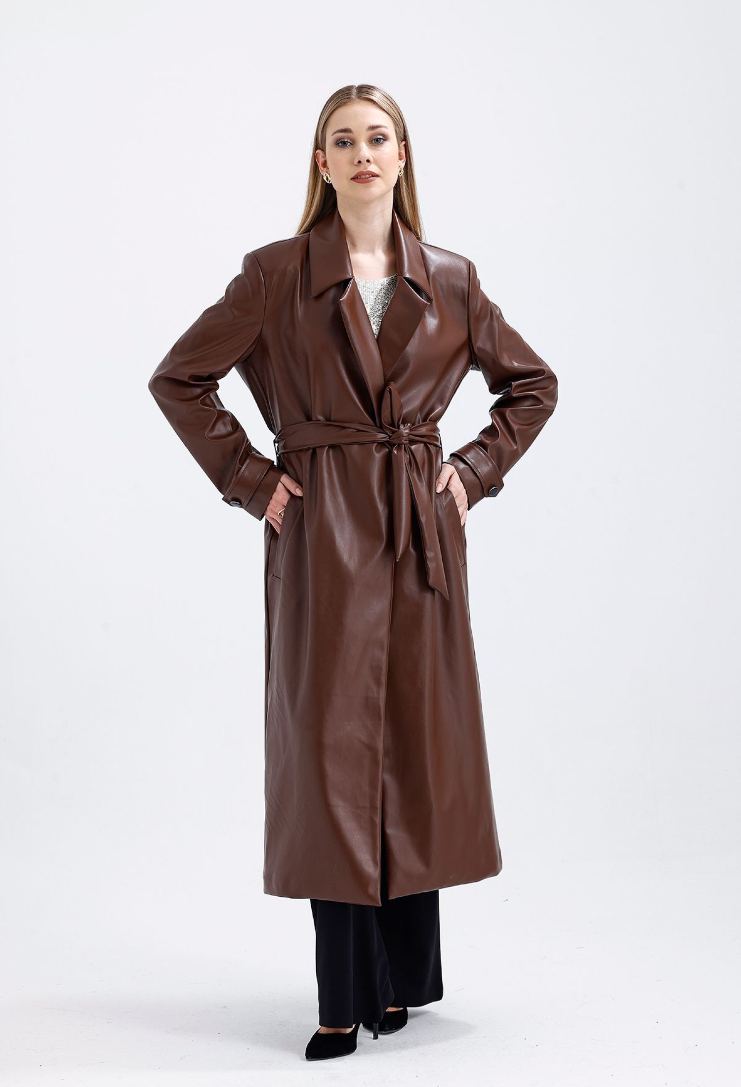 Faux Leather Trench Coat With Lined Waist Belt - Brand: SENSE - Women & Kids, Baby Clothes Wholesale - TheBS Women