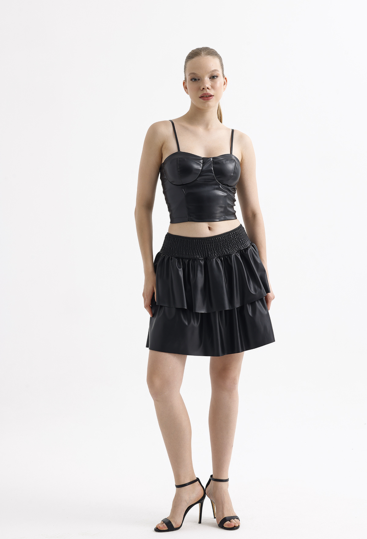 Sense Black Faux Leather Gibeled Walloon Flared Mini Skirt - Brand: SENSE - Women & Kids, Baby Clothes Wholesale - TheBS Women