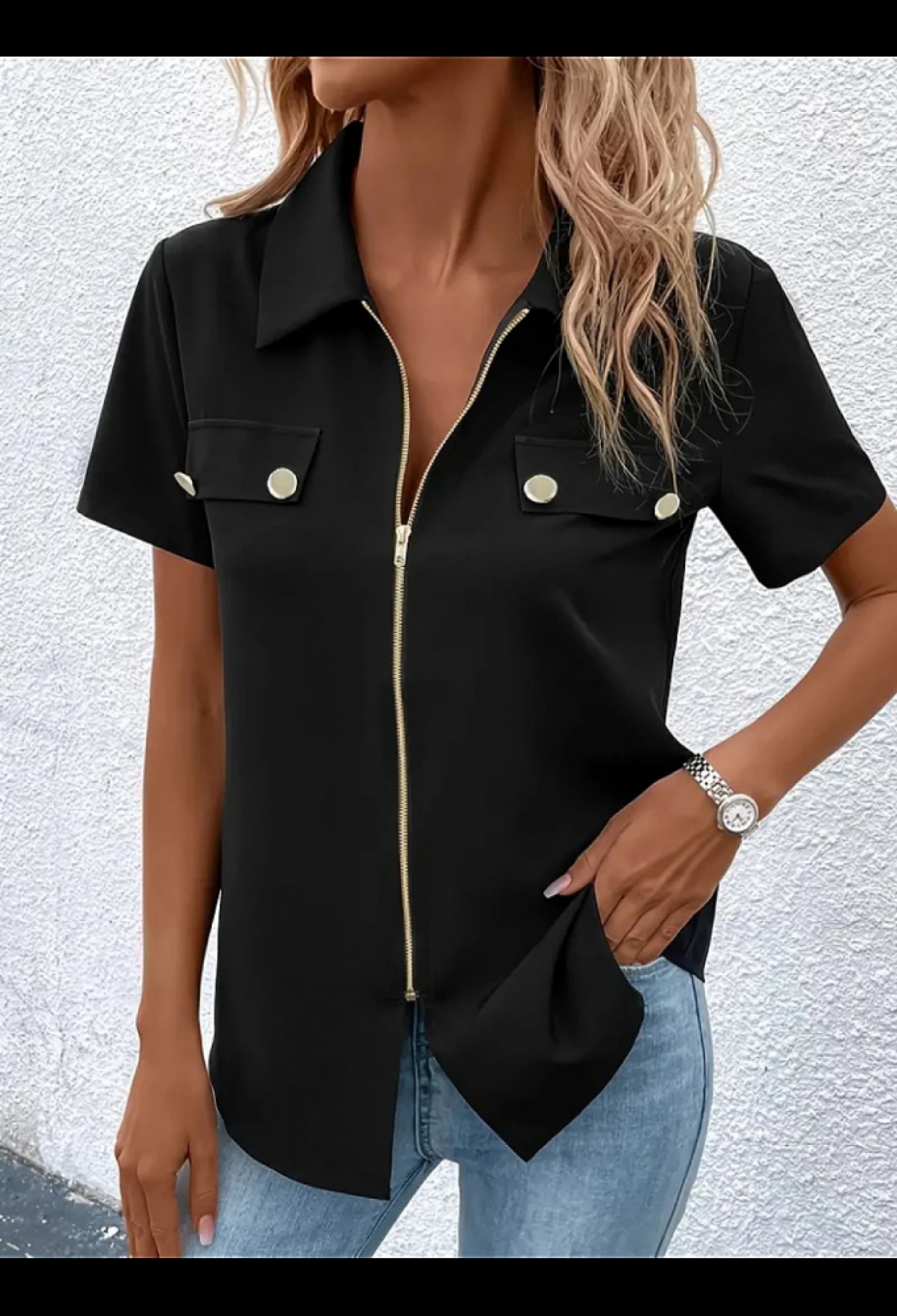 Women's Short Sleeve Jacket Collar Front Zipper Pocket Detail Short Sleeve Imported Crepe Blouse - Brand: Janes - Women & Kids, Baby Clothes Wholesale - TheBS Women