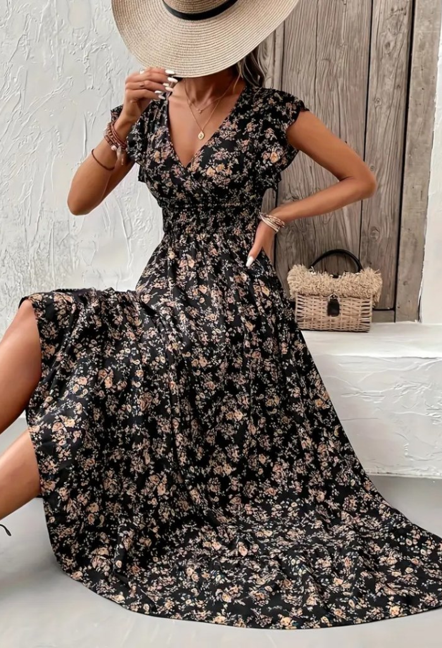 Women's Short Sleeve Double-breasted Collar Waist Elastic Floral Print Dress - Brand: Janes - Women & Kids, Baby Clothes Wholesale - TheBS Women