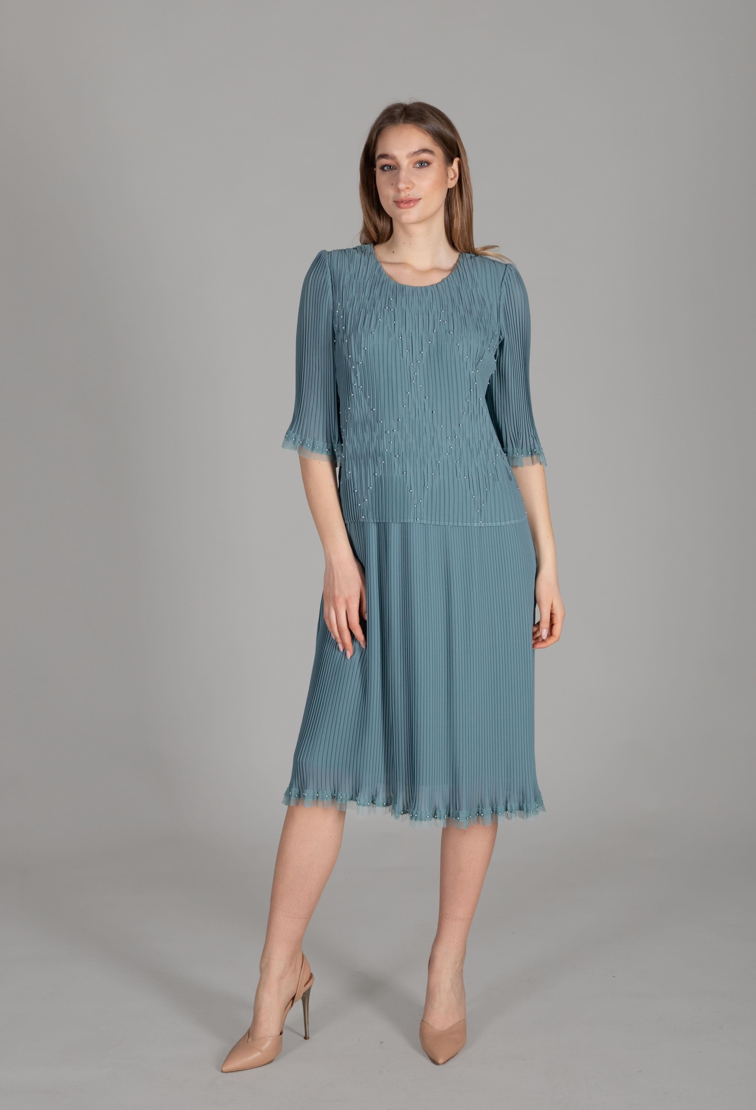 Round Neck Pleated Chiffon Dress - Brand: GUMANIZE - Women & Kids, Baby Clothes Wholesale - TheBS Women