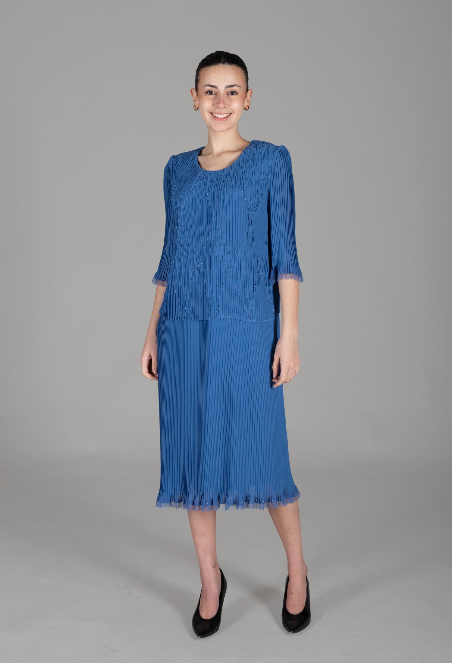 Round Neck Pleated Chiffon Dress - Brand: GUMANIZE - Women & Kids, Baby Clothes Wholesale - TheBS Women