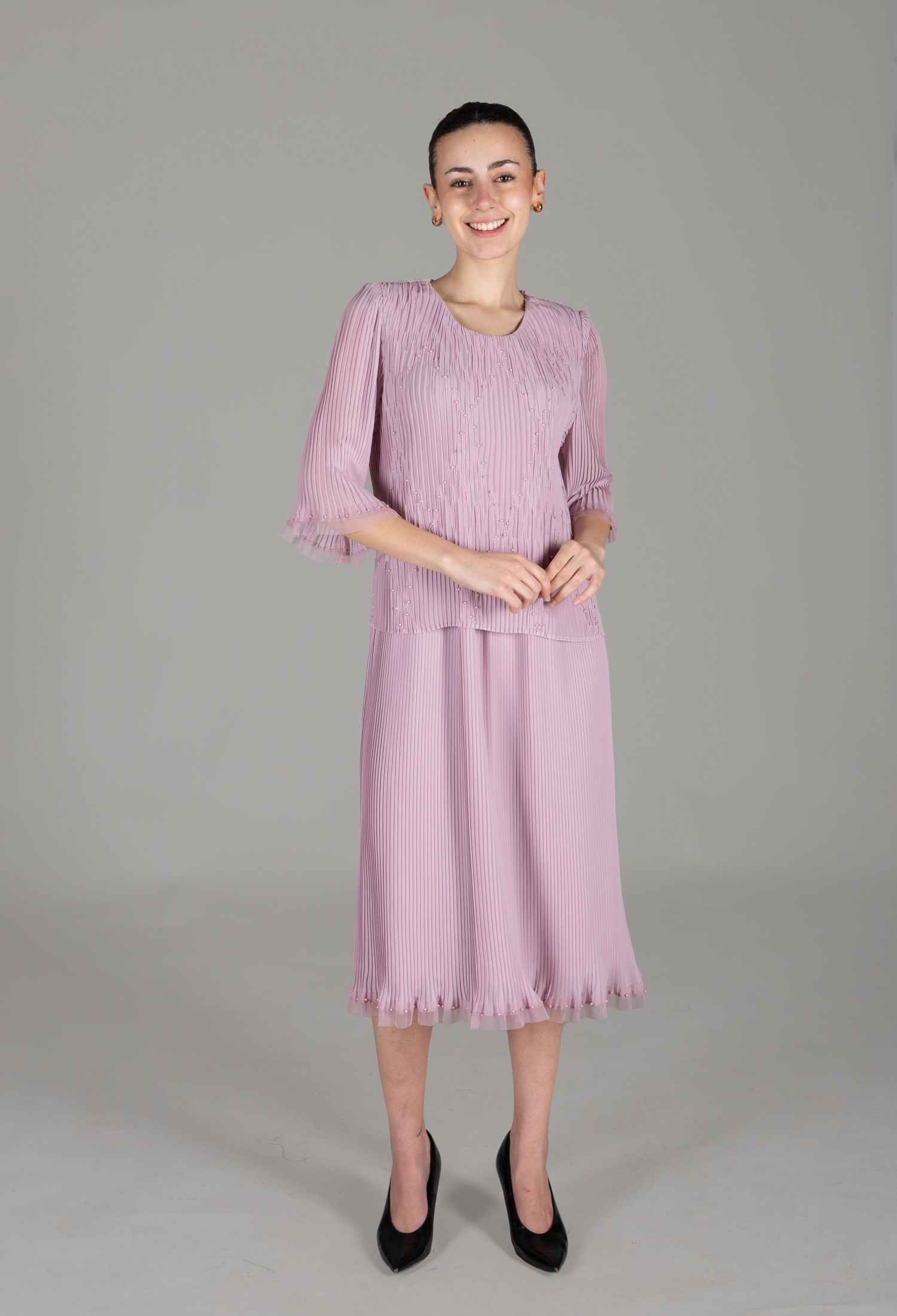 Round Neck Pleated Chiffon Dress - Brand: GUMANIZE - Women & Kids, Baby Clothes Wholesale - TheBS Women