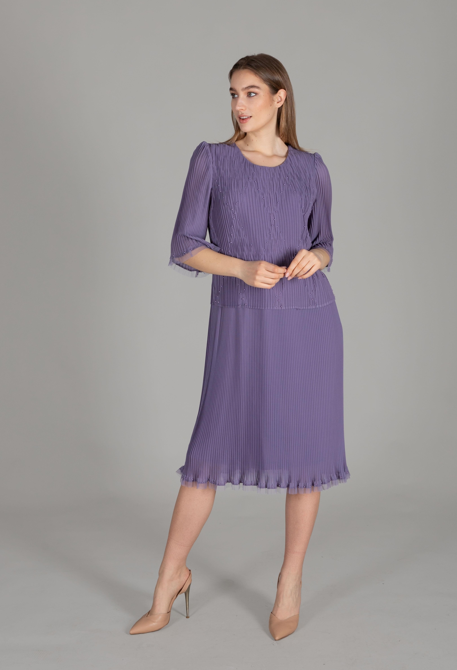 Round Neck Pleated Chiffon Dress - Brand: GUMANIZE - Women & Kids, Baby Clothes Wholesale - TheBS Women