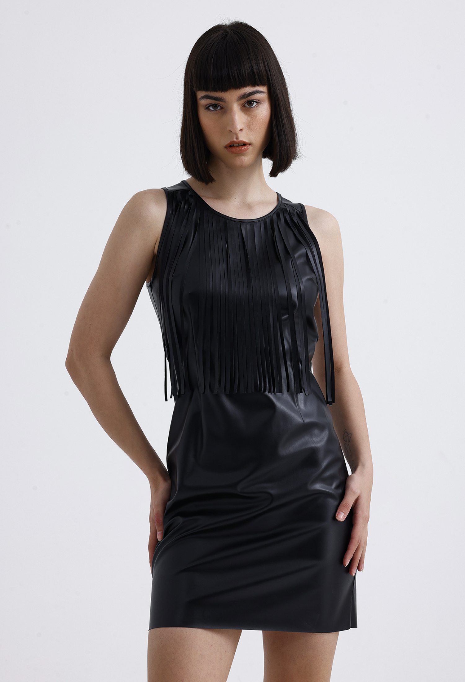 Metal Ferrule Tassel Detailed Faux Leather Mini Dress - Black - Brand: SENSE - Women & Kids, Baby Clothes Wholesale - TheBS Women