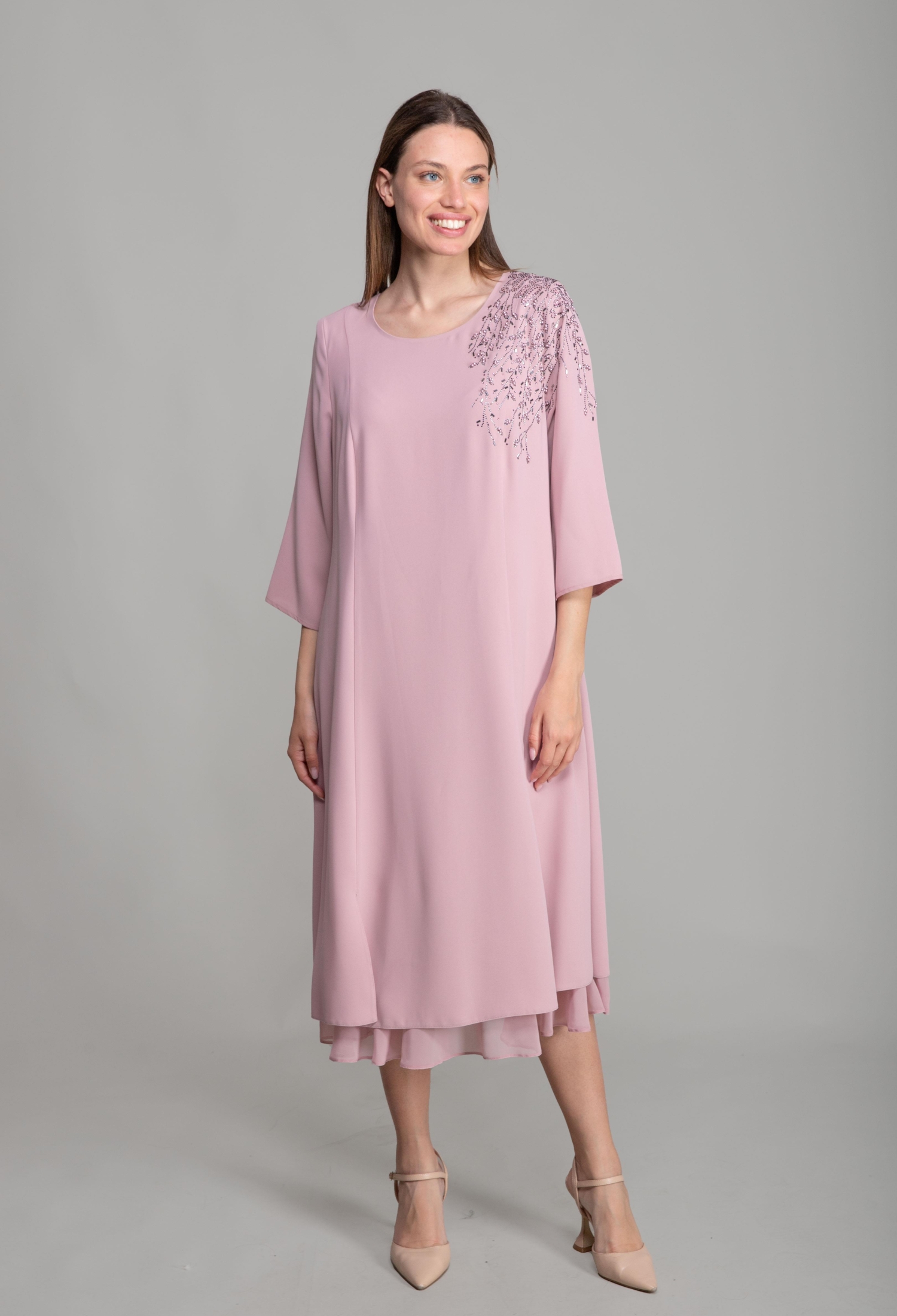 Cuff Round Neck Gown Dress - Pink - Brand: GUMANIZE - Women & Kids, Baby Clothes Wholesale - TheBS Women